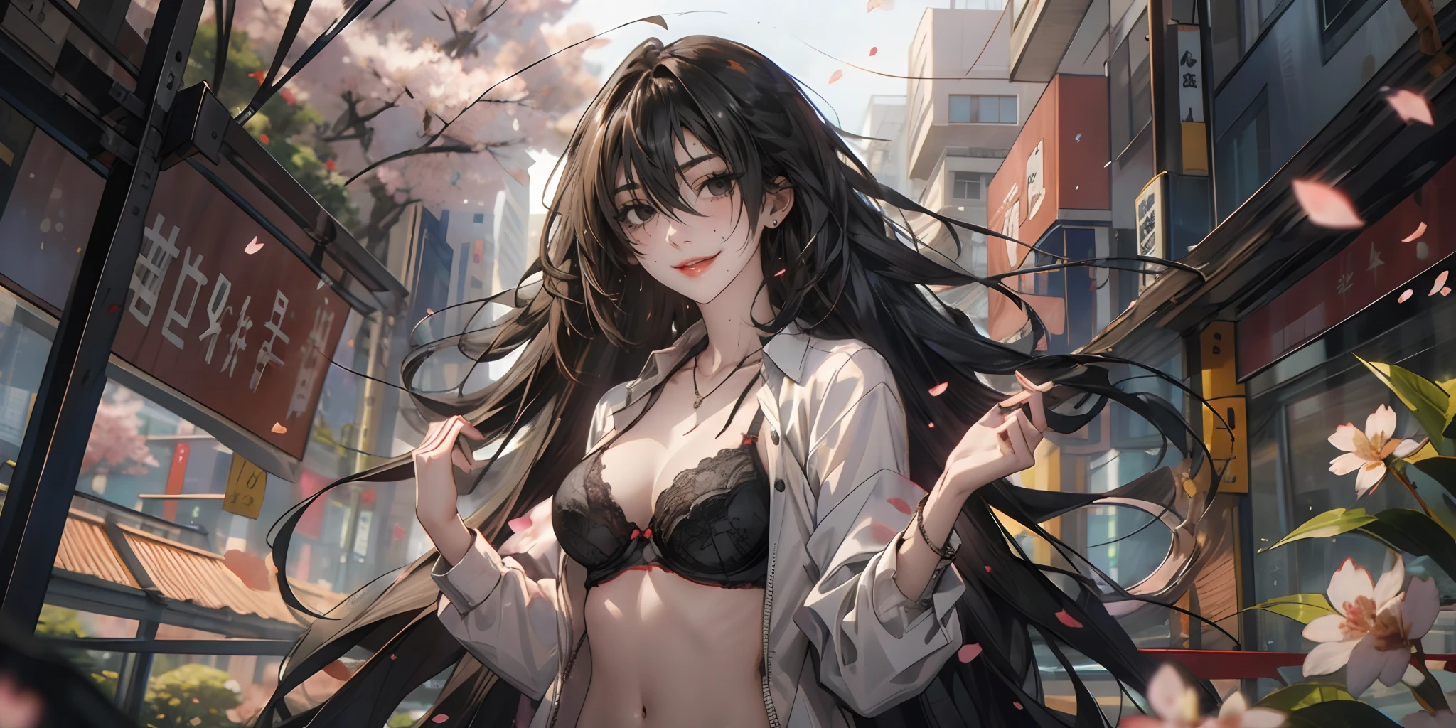 KirukiruAmou, (black hair, long hair, black eyes:1.4), petals, 1girl, underwear, long_hair, bra, breasts, black_hair, black_bra, open_clothes, solo, open_shirt, cleavage, smile, jewelry, black_eyes, shirt, medium_breasts, very_long_hair, upper_body, looking_at_viewer, necklace, cherry_blossoms, rose_petals, collared_shirt, navel, blush, stomach, bangs, hair_between_eyes, parted_lips, mole, collarbone, white_shirt, long_sleeves, floating_hair, lace, wind, falling_petals, flower