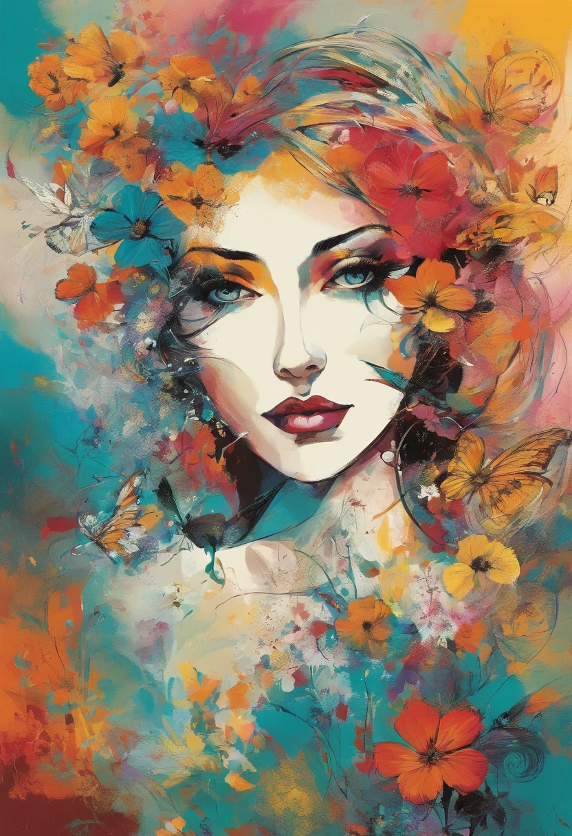 caos, elegante, vivid colors, arte por Anne Bachelier, Atmospheric, a girl, elegante, Borboletas, flores florescendo, em movimento, Dramatic, corpo inteiro, organic composition