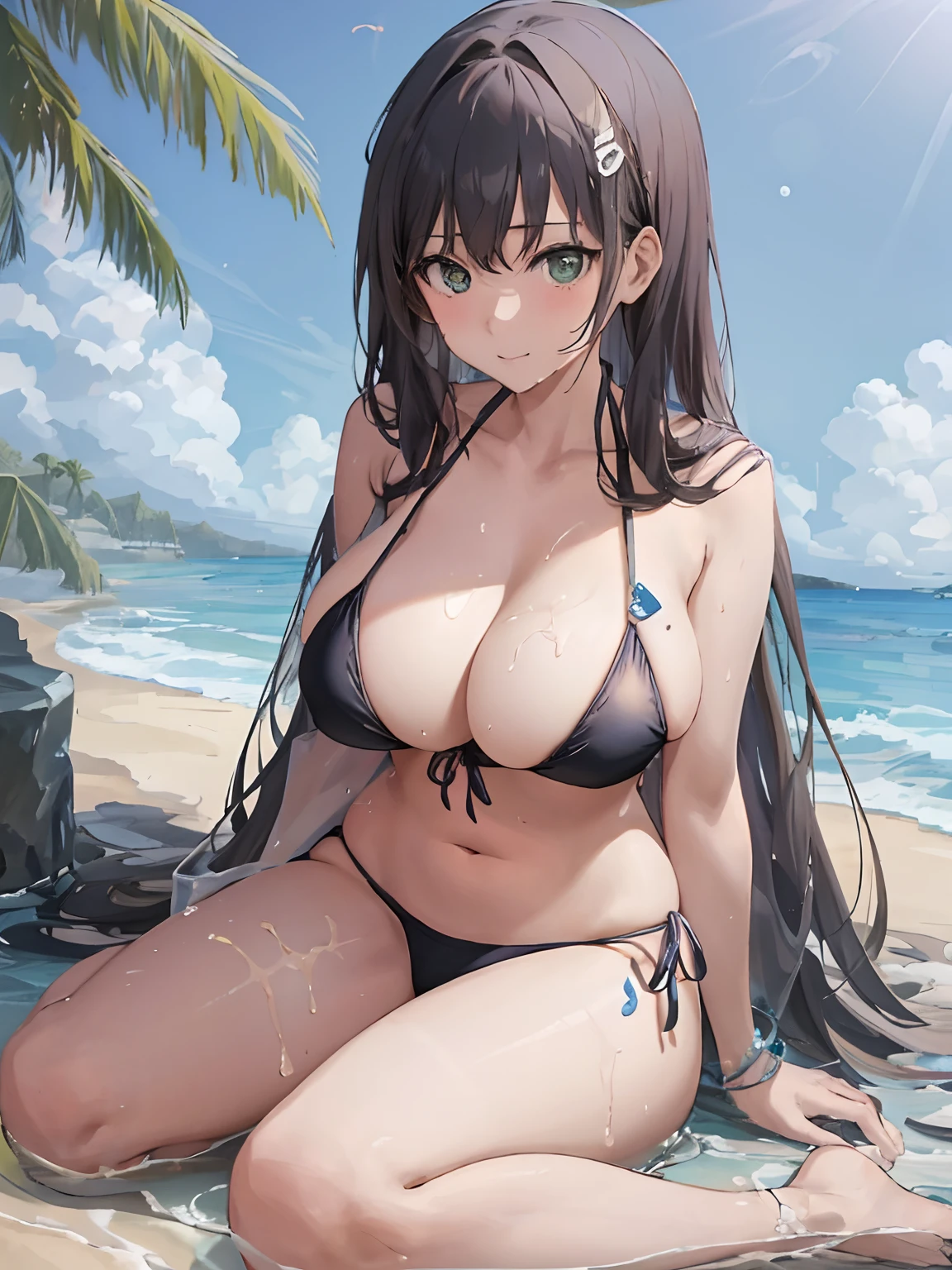 a woman in a bikini sitting on the beach next to a palm tree, seductive anime girl, in the beach, at a beach, guweiz, at the beach, realistic bikini, on a sunny beach, oppai, on a beach, in bikini, smooth anime cg art, attractive anime girl, swimsuit, at a tropical beach, beautiful anime girl