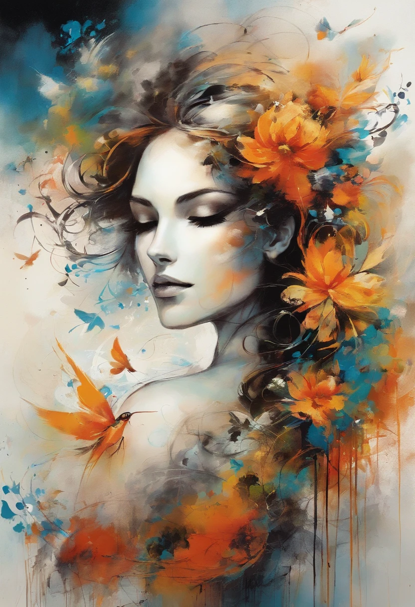 caos, elegante, vivid colors, arte por Anne Bachelier, Atmospheric, a girl, elegante, Borboletas, flores florescendo, em movimento, Dramatic, corpo inteiro, organic composition