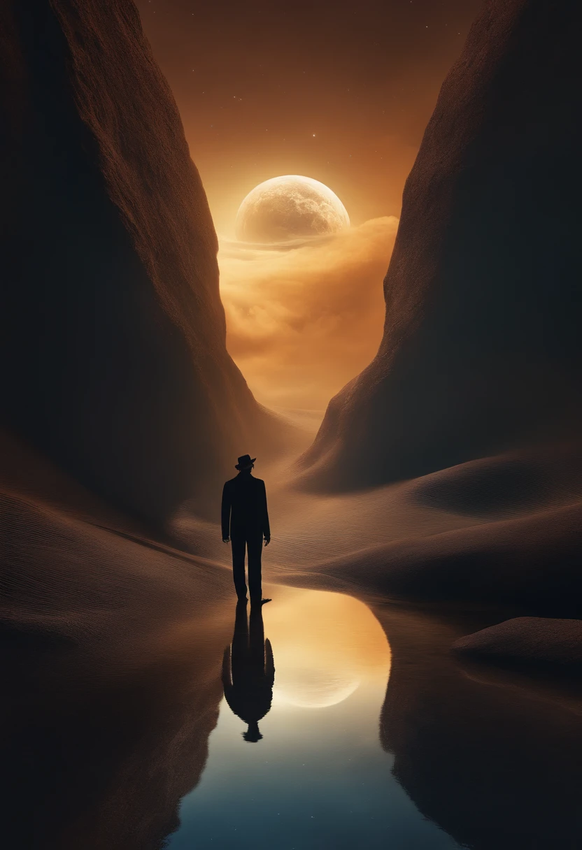 A silhouette of a man merges with the vastness of space, creating a sense of interconnection. The scene is portrayed through digital illustration in a surreal and dreamlike style, inspirado nas obras de Salvador Dali. The color temperature is cold, com tons de azuis profundos e roxos dominando a imagem, enhancing the cosmic atmosphere. The person's expression is serene, o rosto voltado para cima, Looking at the cosmic extent. Soft lighting casts a soft glow, iluminando a figura e os elementos celestes circundantes. The atmosphere is ethereal and mystical, evoking a sense of wonder and exploration in the viewer."