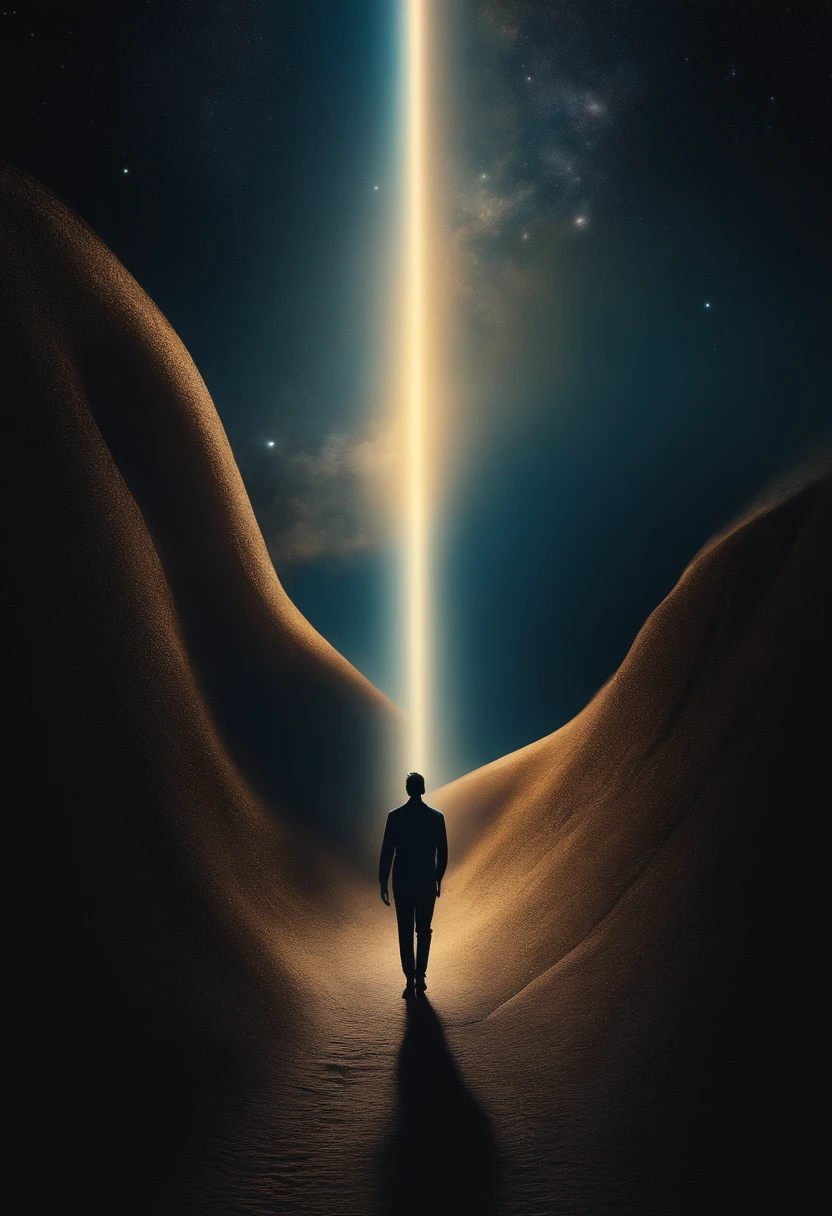 A silhouette of a man merges with the vastness of space, creating a sense of interconnection. The scene is portrayed through digital illustration in a surreal and dreamlike style, inspirado nas obras de Salvador Dali. The color temperature is cold, com tons de azuis profundos e roxos dominando a imagem, enhancing the cosmic atmosphere. The person's expression is serene, o rosto voltado para cima, Looking at the cosmic extent. Soft lighting casts a soft glow, iluminando a figura e os elementos celestes circundantes. The atmosphere is ethereal and mystical, evoking a sense of wonder and exploration in the viewer."