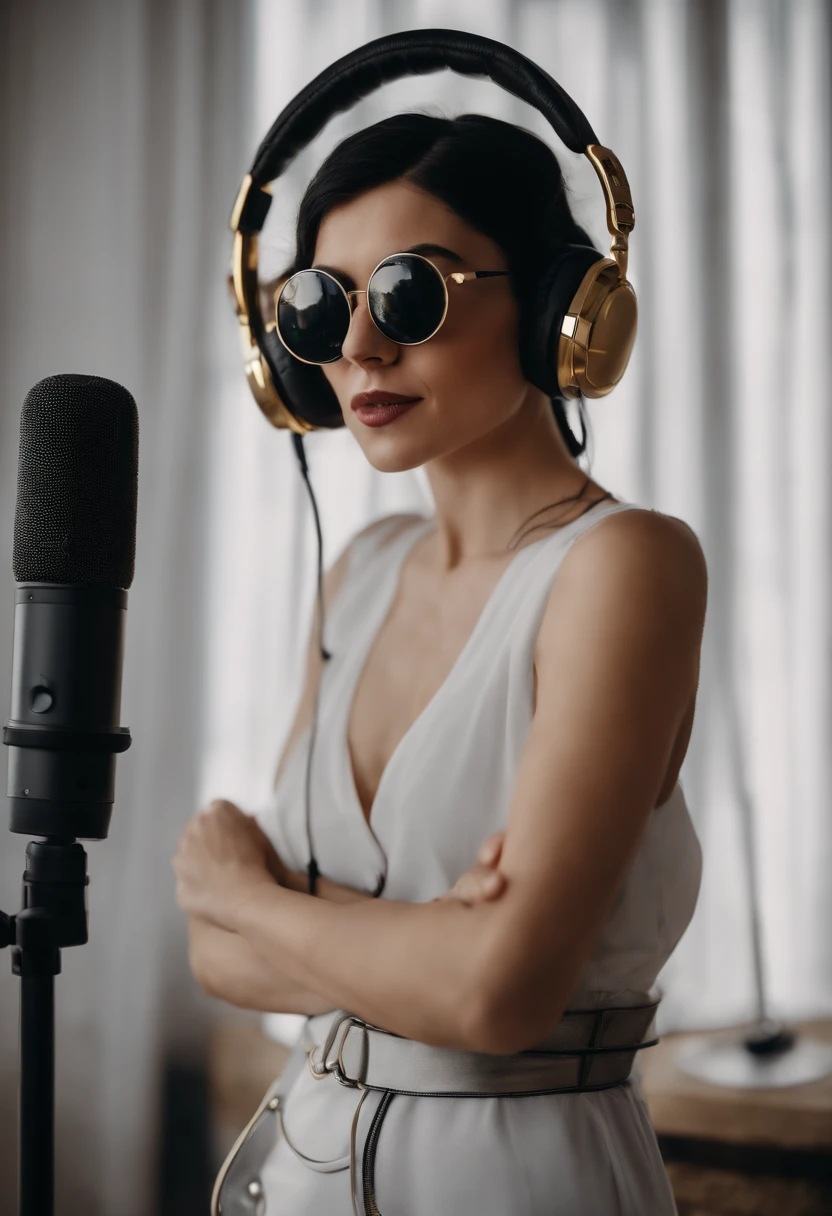 white Black hair girl attached in a bun with a casque recording an audio for podcast  with round  gold  glassess