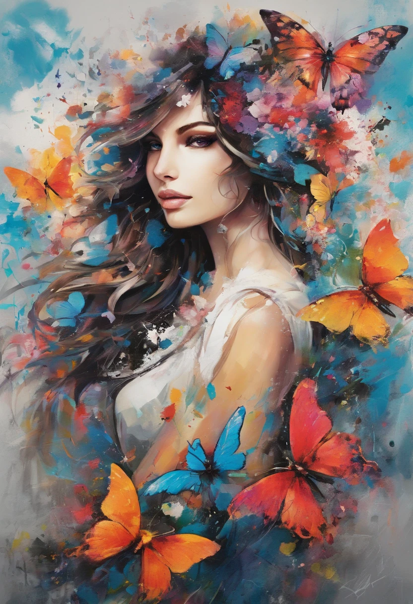 (best quality,4k,8k,highres,masterpiece:1.2),ultra-detailed,(realistic,photorealistic,photo-realistic:1.37),caos, elegant, vivid colors,graffiti profissional, Anne Bachelier's art, atmospheric, an elegant girl, Butterflies, blooming flowers, in motion, dramatic, full body, organic composition