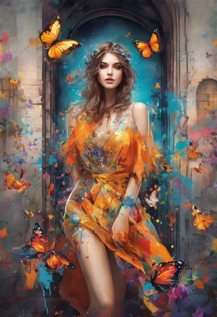 (best quality,4k,8k,highres,masterpiece:1.2),ultra-detailed,(realistic,photorealistic,photo-realistic:1.37),caos, elegant, vivid colors,graffiti profissional, Anne Bachelier's art, atmospheric, an elegant girl, Butterflies, blooming flowers, in motion, dramatic, full body, organic composition