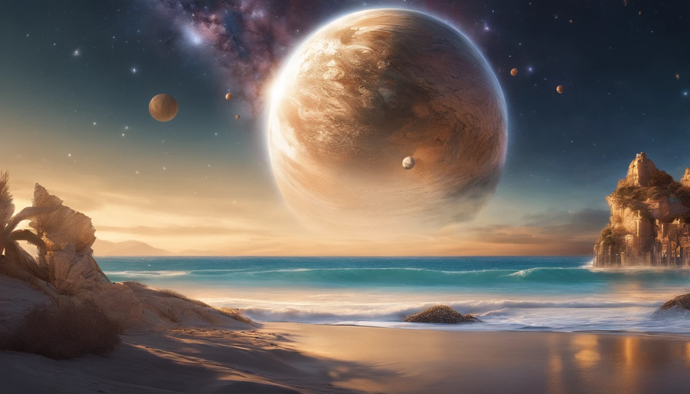 huge planet, the night, starrysky, surrealism, masutepiece, hight resolution、Impressive Milky Way、sand beach