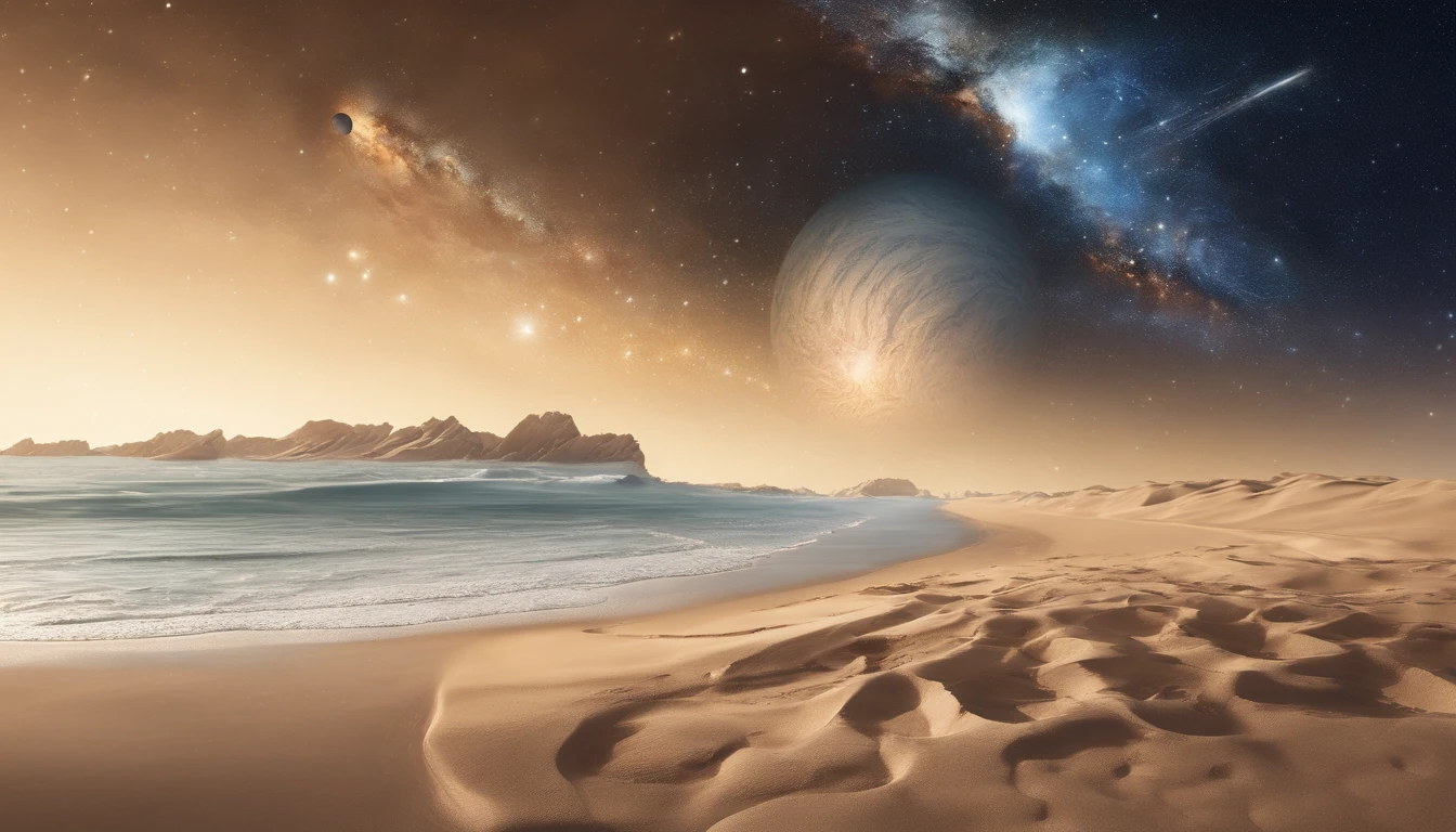 huge planet, the night, starrysky, surrealism, masutepiece, hight resolution、Impressive Milky Way、sand beach