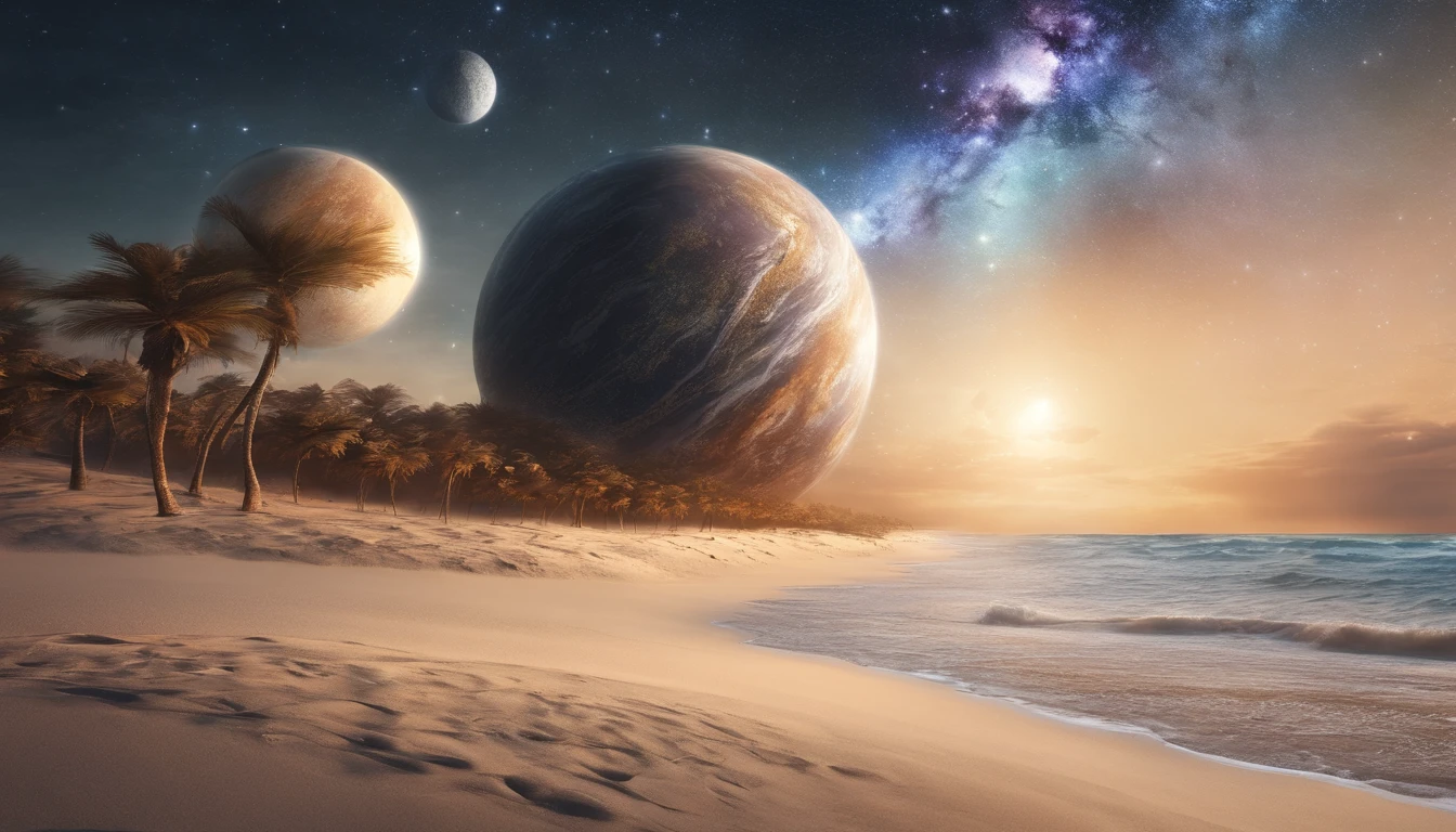 huge planet, the night, starrysky, surrealism, masutepiece, hight resolution、Impressive Milky Way、sand beach