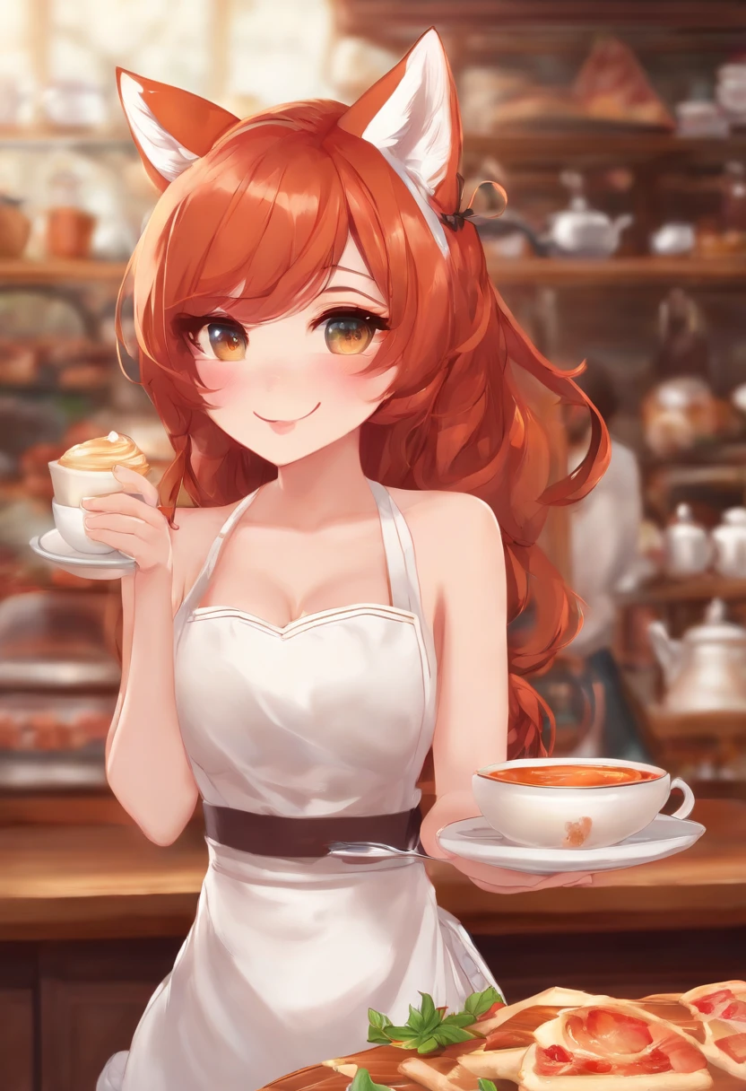 1girl, 独奏, redhead hair, Hair decoration fox ears, (Naked:1.3), (white apron), small breasts, cleavage, thights, cafe background, (Blushing:1.3)