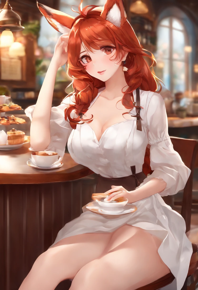 1girl, 独奏, redhead hair, Hair decoration fox ears, (Naked:1.3), (white apron), small breasts, cleavage, thights, cafe background, (Blushing:1.3)