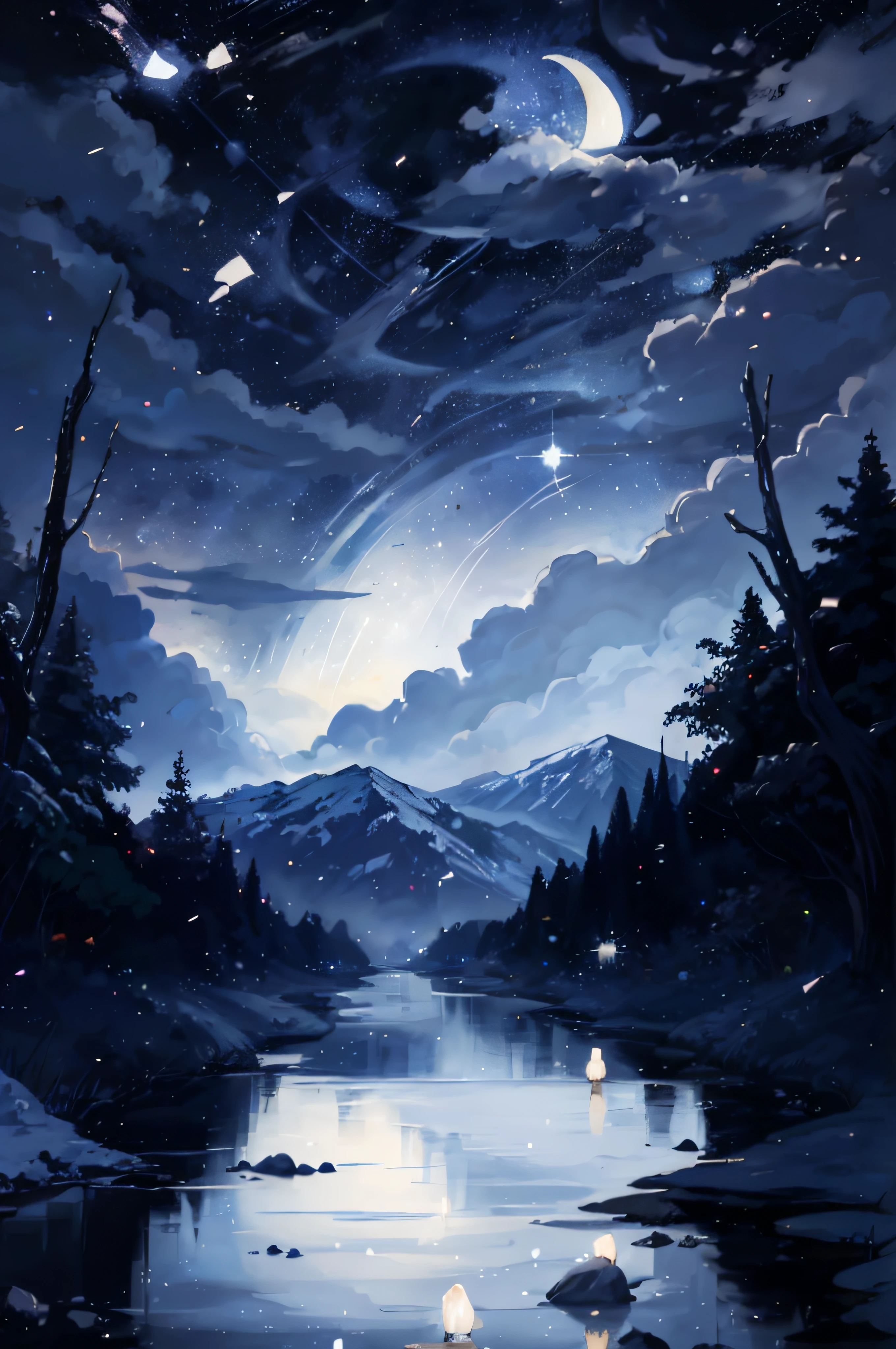 A painting of a river with stars and moon in the sky, arte conceitual inspirada em Tosa Mitsuoki, vencedor do concurso pixiv, brilhante. arte realista , ambiente estrelado ao luar, pintura de sonho,arte games, arte de paisagem de fantasia, noite sonhadora, fundo muito estrelado, arte de fundo, arte de sonho, luar , meia-lua, starly sky, meia-lua grande, meia-lua brilhante
