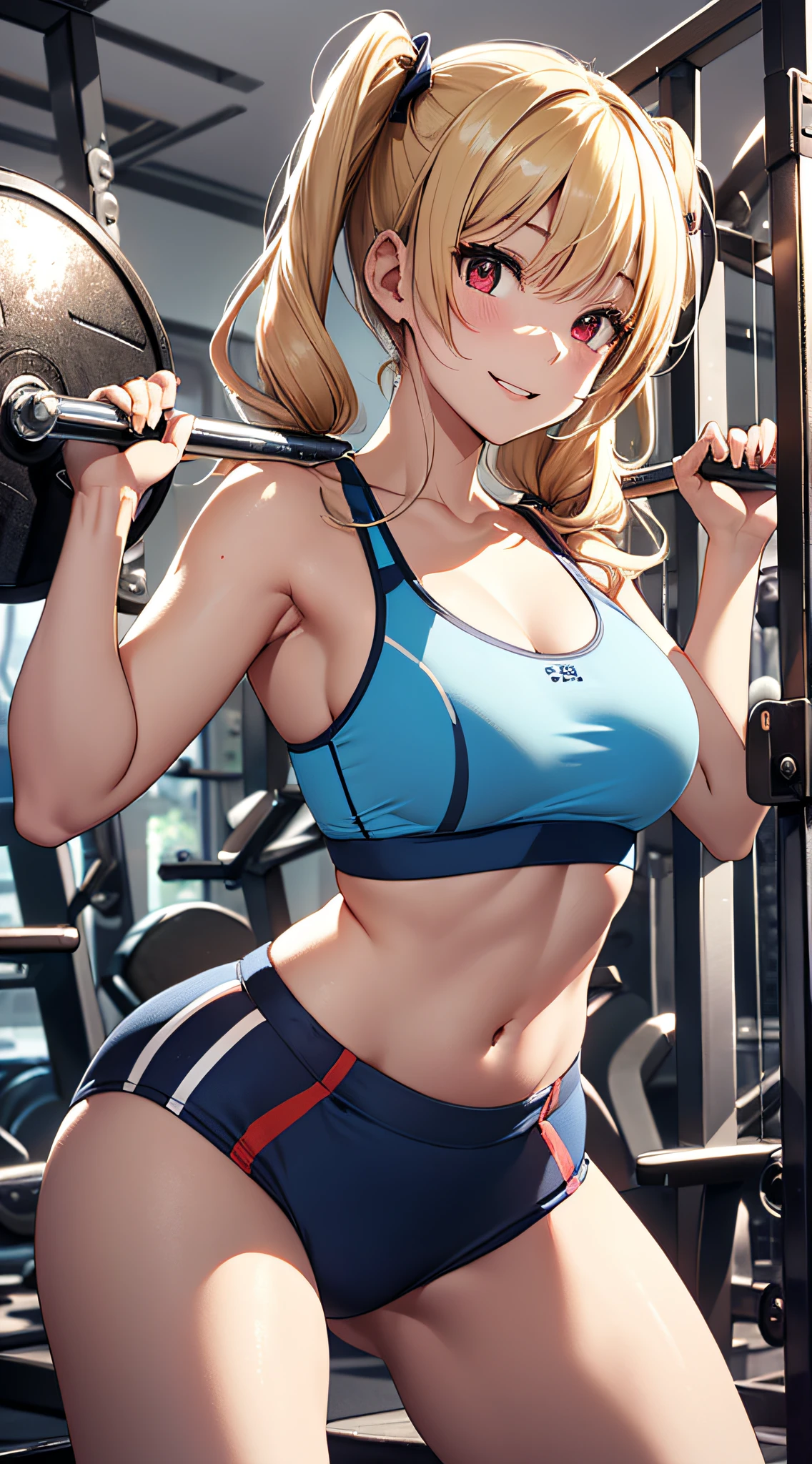 top-quality、Top image quality、masterpiece、girl with((18year old、Blue Sports Bra、Blue sports pants、Best Bust、Bust 90、Blonde twintails、Red Eyes、open chest wide、Valley、Happiness、A slender、ssmile,fitness、Using Smith Machine))hiquality、Beautiful Art、Background with((sports club))、masutepiece、Elaborate design、visualart、