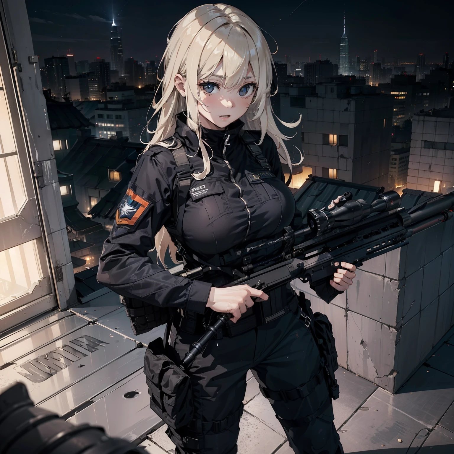 (Female soldier with well-trained body)、((Peek into the gun site of a sniper rifle:1.4))、1 Women、thick body、(Black combat uniform)、(platinum-blonde-hair:1.2)、Clenching teeth、Have multiple weapons、((超A high resolution))、Detail Write、​masterpiece、top-quality、extremely details CG、8K picture quality、Cinematographic lighting、lensflare、(Skyscraper rooftop at night:1.4)、Hyper-detailing、Robot wreckage、((Enlarge Cowboy Shots:1.4))、Detailed firearm depiction、Rifle with perfect detail、Perfect barrel that does not distort、Scattered empty cartridge cases