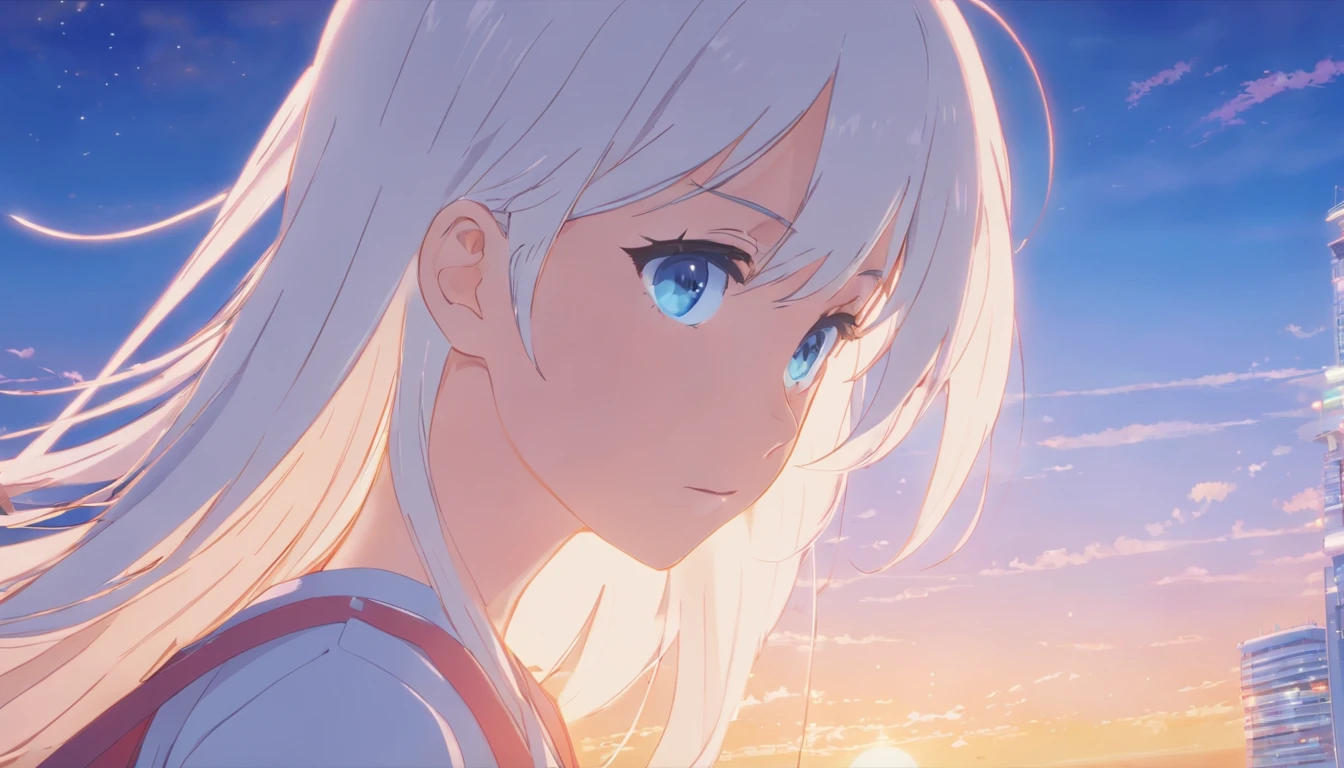 1Girl, Young Lady, Solo, Very long white hair, light blue eyes, makoto shinkai, detailed, close up
