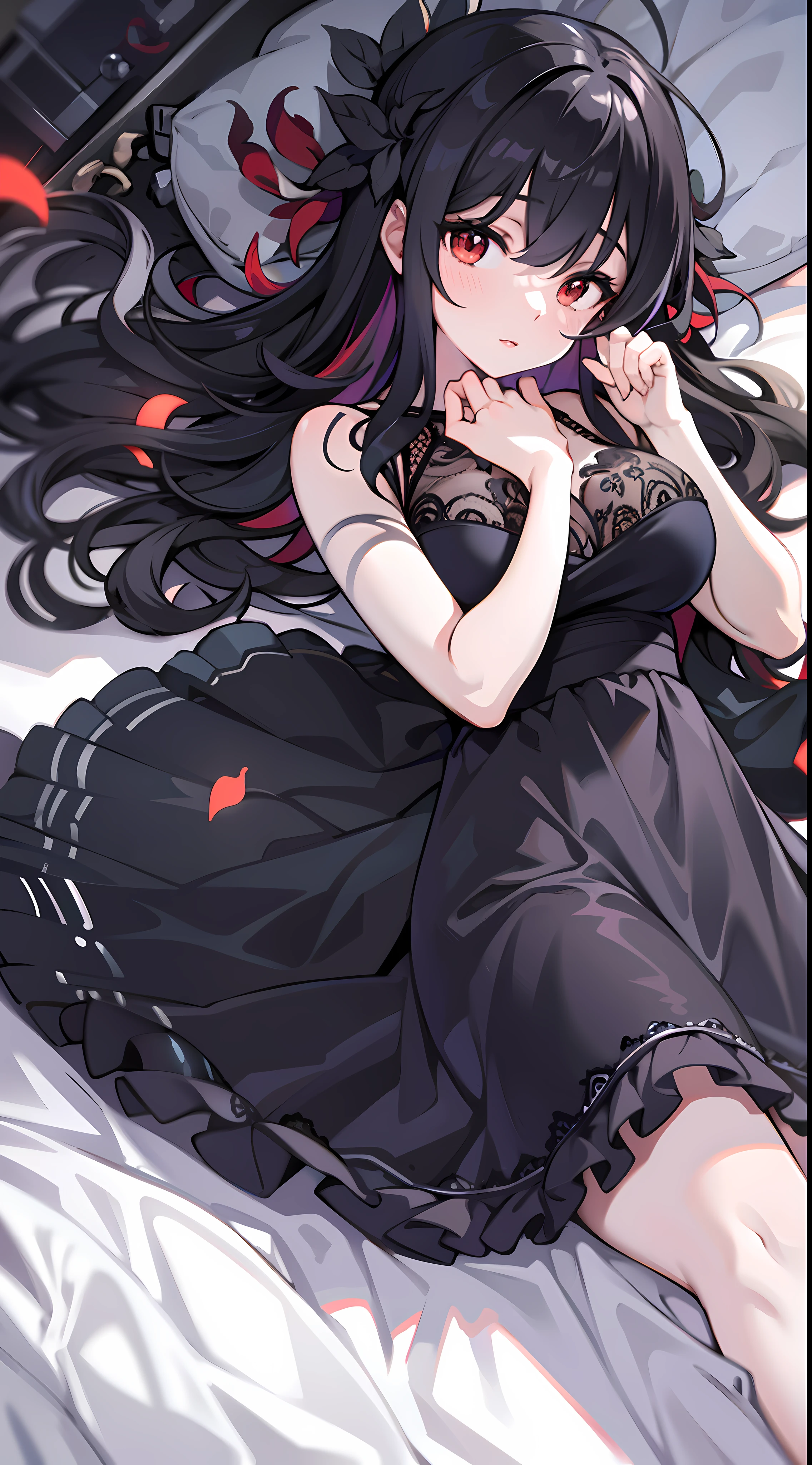 upper body, 1woman, black hair, Long Haired, red eyes, black Nightgowns, big breats, wallpaper, bedroom background, light particles, ((masterpiece)), ((best quality)), ((Top Quality)), pale white skin, solo, lying down