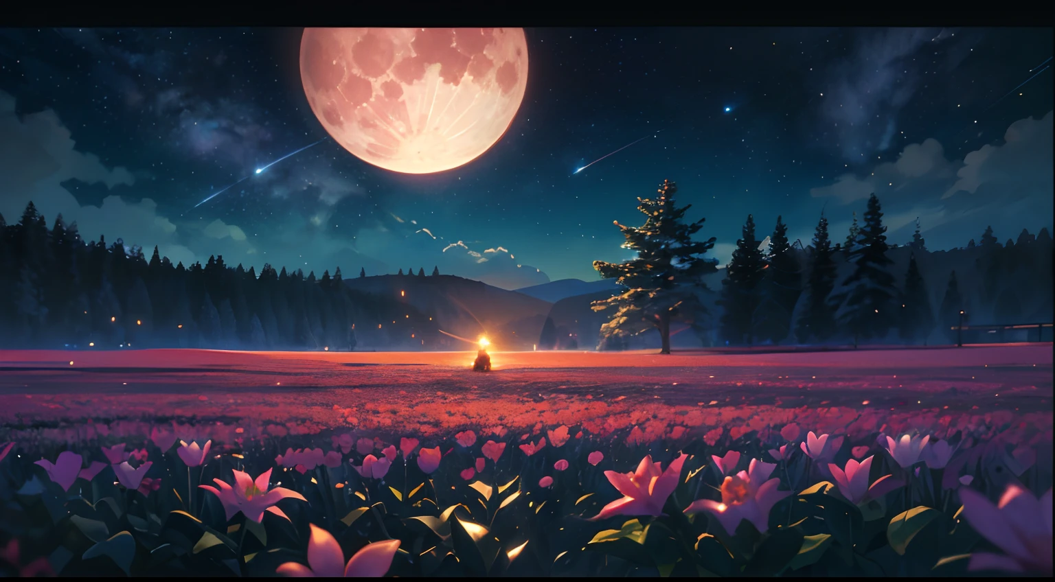 Vast landscape photo, (viewed from below, the sky is above and the open field is below), a girl standing on a flower field looking up, (full moon: 1.2), (meteor: 0.9), (nebula: 1.3), distant mountains , Trees BREAK Crafting Art, (Warm Light: 1.2), (Fireflies: 1.2), Lights, Lots of Purple and Orange, Intricate Details, Volumetric Lighting, Realism BREAK (Masterpiece: 1.2), (Best Quality), 4k, Ultra-Detailed, (Dynamic Composition: 1.4), Very Detailed, Colorful Details, (Rainbow Colors: 1.2), (Glow Lighting, Atmospheric Lighting), Dreamy, Magical, (Solo: 1.2)