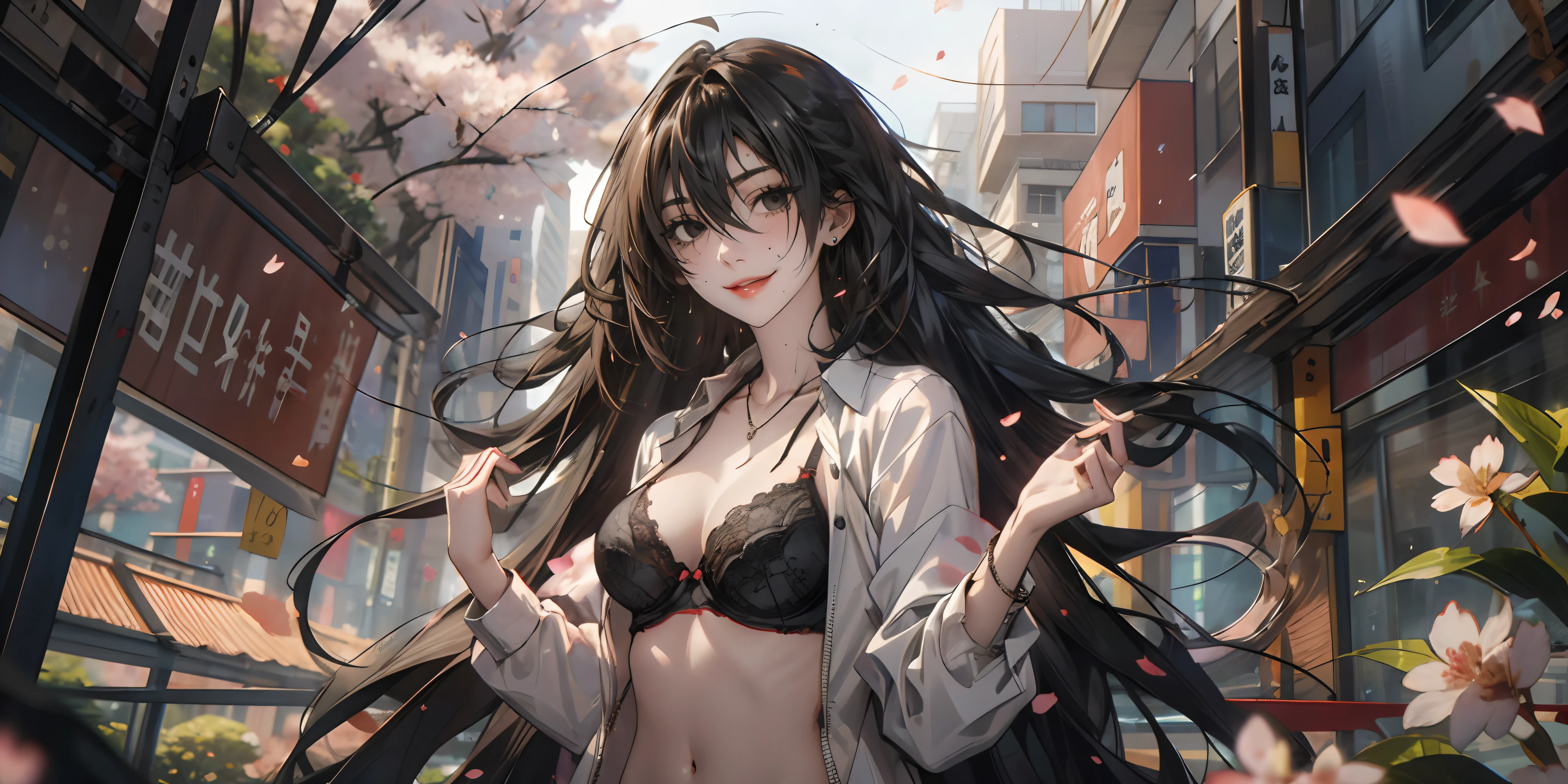 KirukiruAmou, (black hair, long hair, black eyes:1.4), petals, 1girl, underwear, long_hair, bra, breasts, black_hair, black_bra, open_clothes, solo, open_shirt, cleavage, smile, jewelry, black_eyes, shirt, medium_breasts, very_long_hair, upper_body, looking_at_viewer, necklace, cherry_blossoms, rose_petals, collared_shirt, navel, blush, stomach, bangs, hair_between_eyes, parted_lips, mole, collarbone, white_shirt, long_sleeves, floating_hair, lace, wind, falling_petals, flower