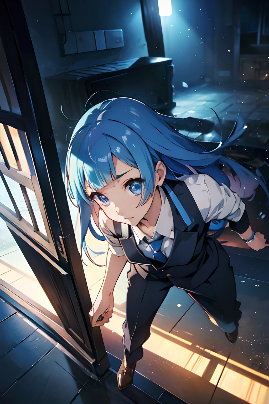 miwakasumi, Eyes, Blue hair, Long hair, Breaking a tie, Black suit,trouser,BREAK looking at viewer, Full body, Break indoors, crass room, BREAK (masutepiece:1.2), Best Quality, High resolution, Unity 8k壁纸, (Illustration:0.8), (Beautiful detailed eyes:1.6), extra detailed face, Perfect Lighting, extremely details CG, (Perfect hands, Perfect Anatomy)