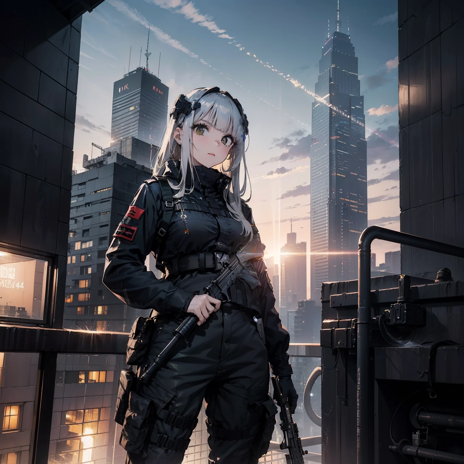 (Trained Female Soldiers)、((holding weapons、holding rifle、Aim、Aim、fire:1.4、guns、h&k hk416))、1 Women、thick body、(Black combat uniform)、(platinum-blonde-hair:1.2)、((超A high resolution))、Detail Write、masterpiece、top-quality、extremely details CG、8K picture quality、Cinematographic lighting、lensflare、(Skyscraper rooftop at night:1.4)、Hyper-detailing、((Enlarge Cowboy Shots:1.4))、Detailed firearm depiction、Rifle with perfect detail、Perfect barrel that does not distort、Fighter in the sky、Military drones