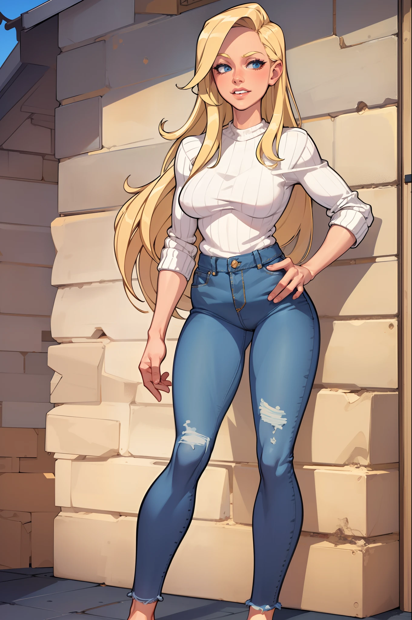 1girl, denim, pants, jeans, sweater, blond hair, cowboy shot, long hair,, masterpiece, best quality, highly detailed