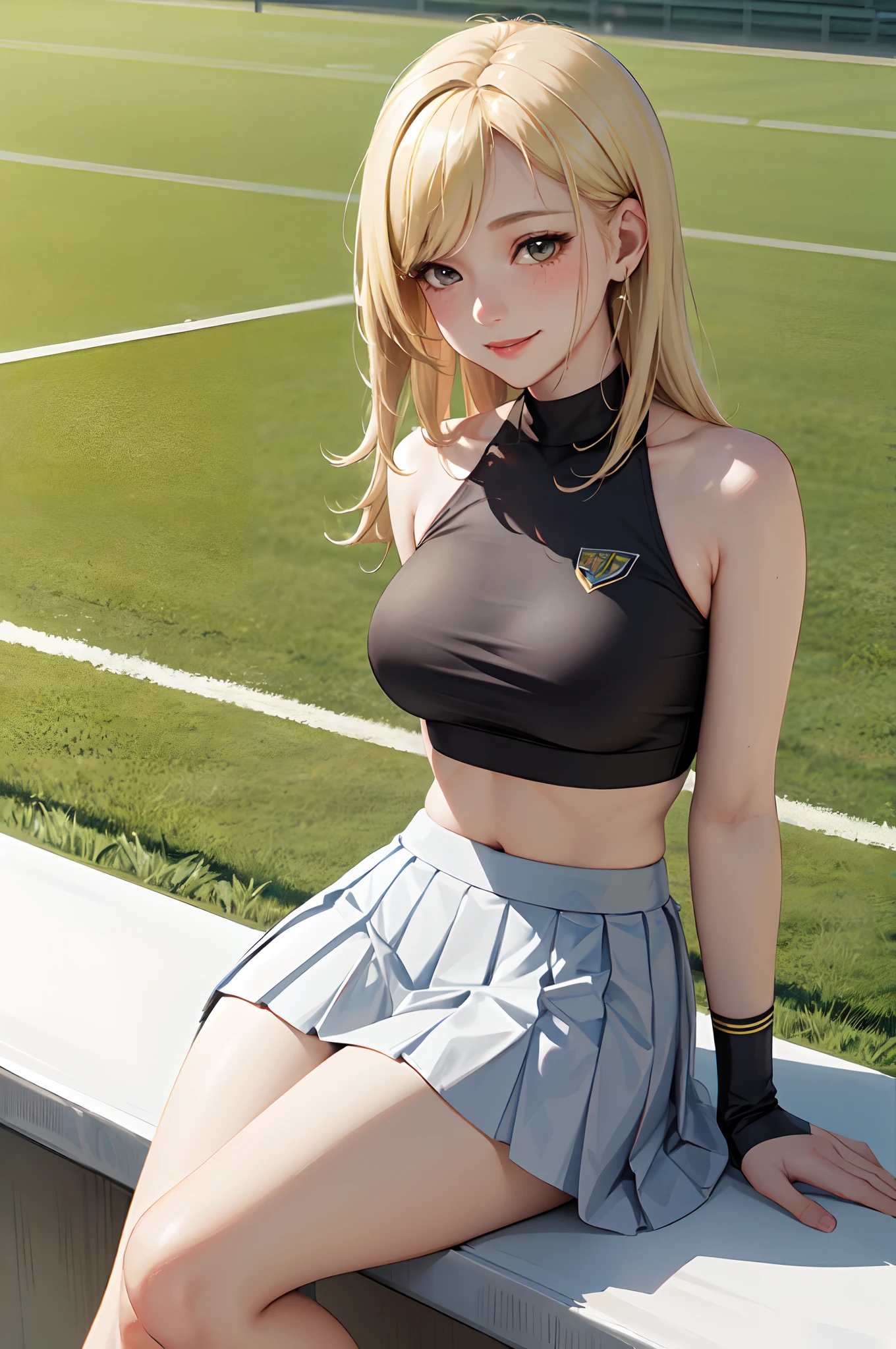 a beautiful cute girl, short blonde hair in a pixie cut , wearing a white croptop, studded ears, lip bite, freckles, blushing, (underboob), no bra, bare midriff, black boyshorts, posing on a soccer field with a stadium in the background, (best quality,4k,8k,highres,masterpiece:1.2),