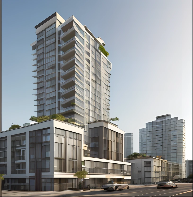 a rendering of a tall building with a balcony and a balcony, concept image, modern lush condo as shopfront, front-view, detail render, from street level, mantra rendering, mid-view, pre-rendered, perspective view, radiosity rendering, rendering of checkmate, frontview, office building, concept drawing, view from ground level, bw 3 d render