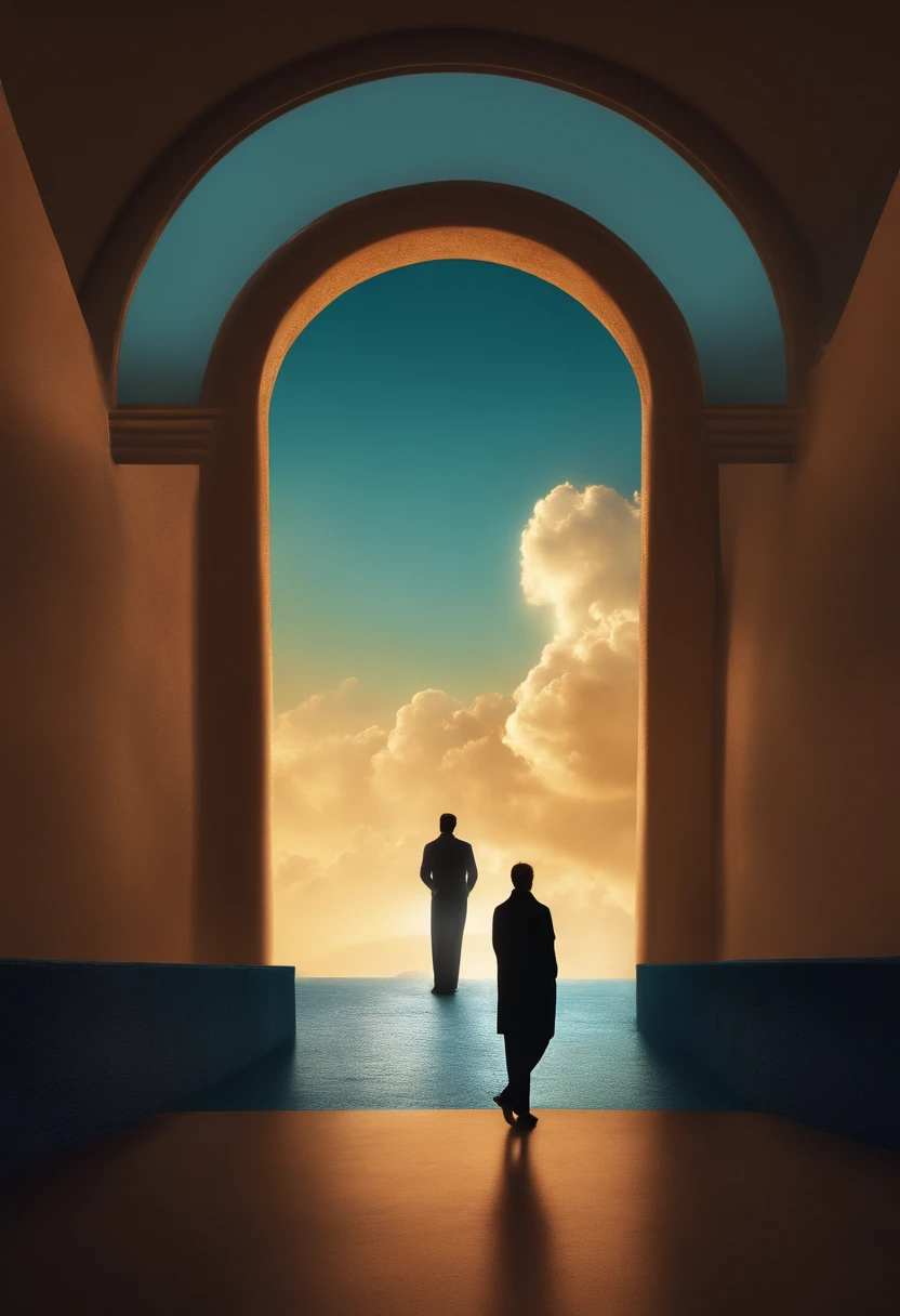 A silhouette of a man merges with the vastness of space, creating a sense of interconnection. The scene is portrayed through digital illustration in a surreal and dreamlike style, inspirado nas obras de Salvador Dali. The color temperature is cold, com tons de azuis profundos e roxos dominando a imagem, Improving the cosmic atmosphere. The person's expression is serene, o rosto voltado para cima, Looking at the cosmic extent. Soft lighting casts a soft glow, iluminando a figura e os elementos celestes circundantes. The atmosphere is ethereal and mystical, evoking a sense of wonder and exploration in the viewer. olhando para o viewer, portrait