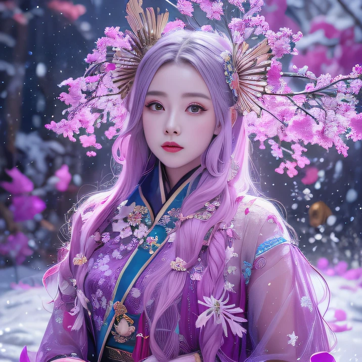Snow hoop exclusion area 32K（tmasterpiece，k hd，hyper HD，32K）Long flowing purple-pink hair，Winter pond，zydink， a color， Tongzhou people （Girl with glowing eyes）， （Thin silk scarf）， Combat posture， looking at the ground， long whitr hair， Floating hair， Python headdress， Chinese long-sleeved clothing， （abstract ink splash：1.2）， white backgrounid，Peony flower protector（realisticlying：1.4），Purple-pink hair，Snowflakes fluttering，The background is pure， A high resolution， the detail， RAW photogr， Sharp Re， Nikon D850 Film Stock Photo by Jefferies Lee 4 Kodak Portra 400 Camera F1.6 shots, Rich colors, ultra-realistic vivid textures, Dramatic lighting, Unreal Engine Art Station Trend, cinestir 800，long and flowing hair