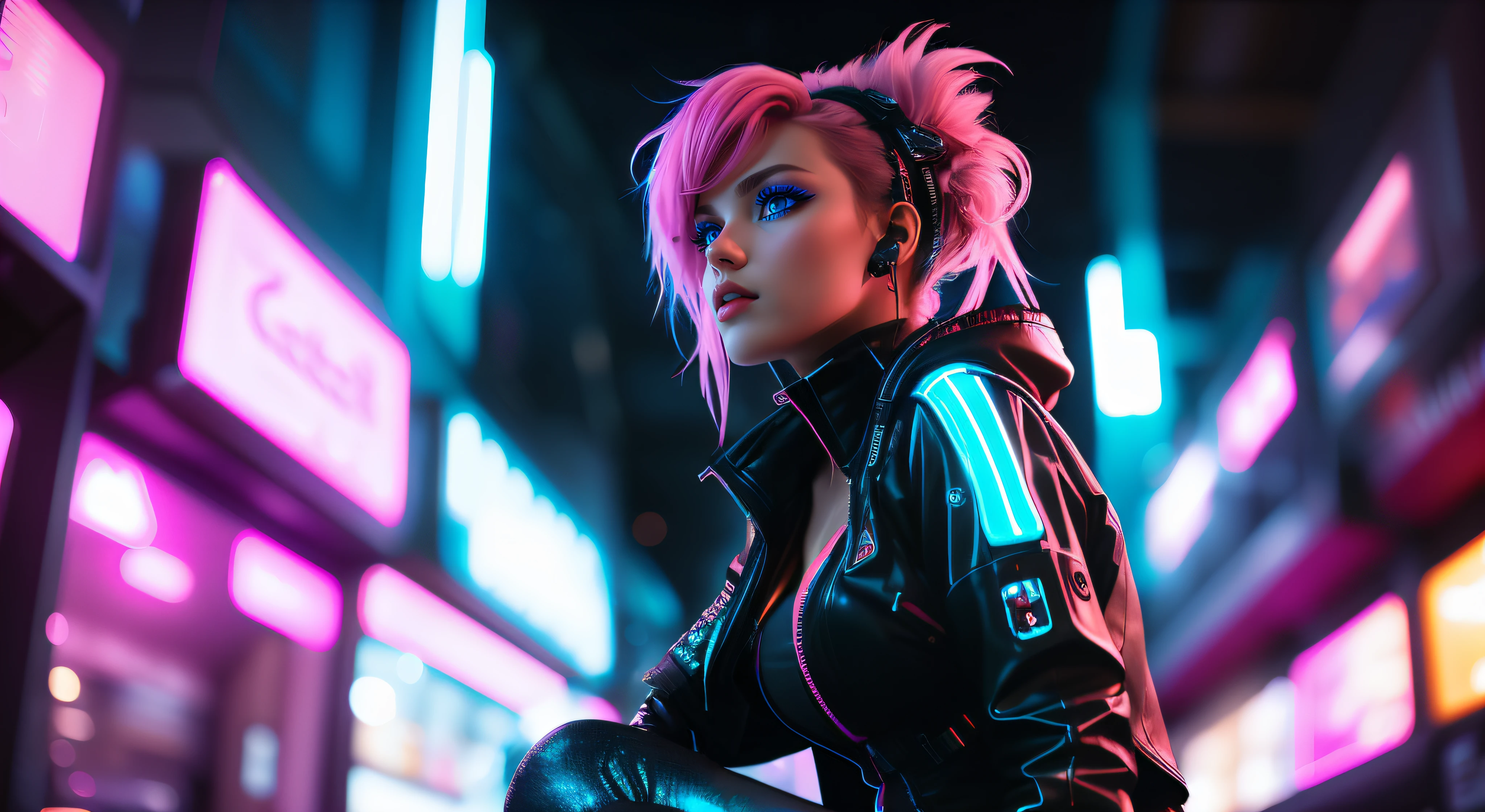 A close up photo of a female with a pink and blue punk hairstyle. She wears a futuristic dress with glowing circuit patterns. She is sitting a bar, the neon lights and reflections create a visually stunning composition. Epic character composition, sharp focus, and natural lighting. The subsurface scattering effect adds a touch of an ethereal glow, while the f2 aperture and 35mm lens create a perfect balance of depth and detail. 7cy6er7p0nk9