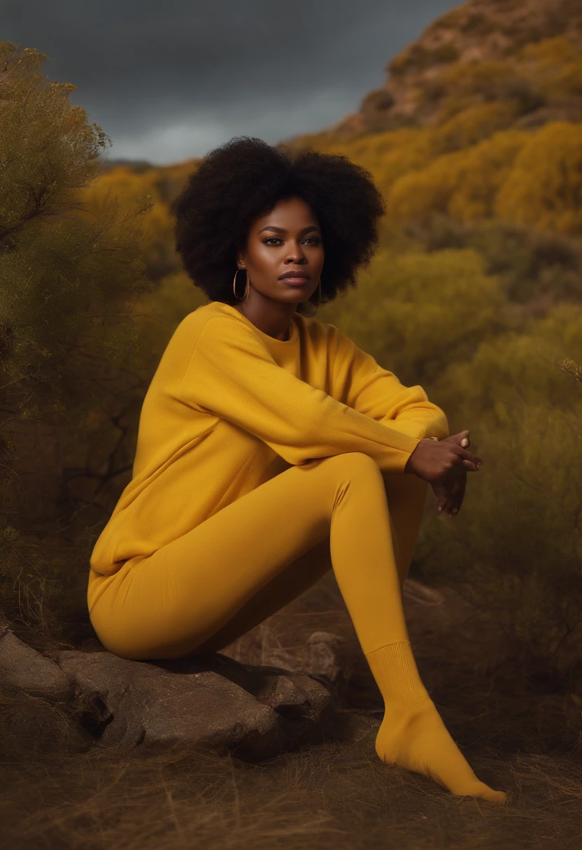 black woman、Yellow sweatshirt dress、Knitted tights、The background is a ranch、