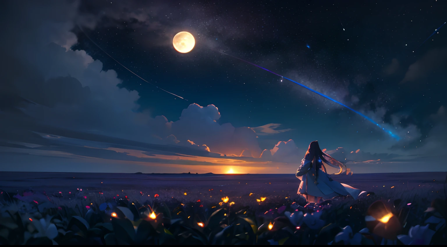 Vast landscape photo, (viewed from below, the sky is above and the open field is below), a girl standing on a flower field looking up, (full moon: 1.2), (meteor: 0.9), (nebula: 1.3), distant mountains , Trees BREAK Crafting Art, (Warm Light: 1.2), (Fireflies: 1.2), Lights, Lots of Purple and Orange, Intricate Details, Volumetric Lighting, Realism BREAK (Masterpiece: 1.2), (Best Quality), 4k, Ultra-Detailed, (Dynamic Composition: 1.4), Very Detailed, Colorful Details, (Rainbow Colors: 1.2), (Glow Lighting, Atmospheric Lighting), Dreamy, Magical, (Solo: 1.2)
