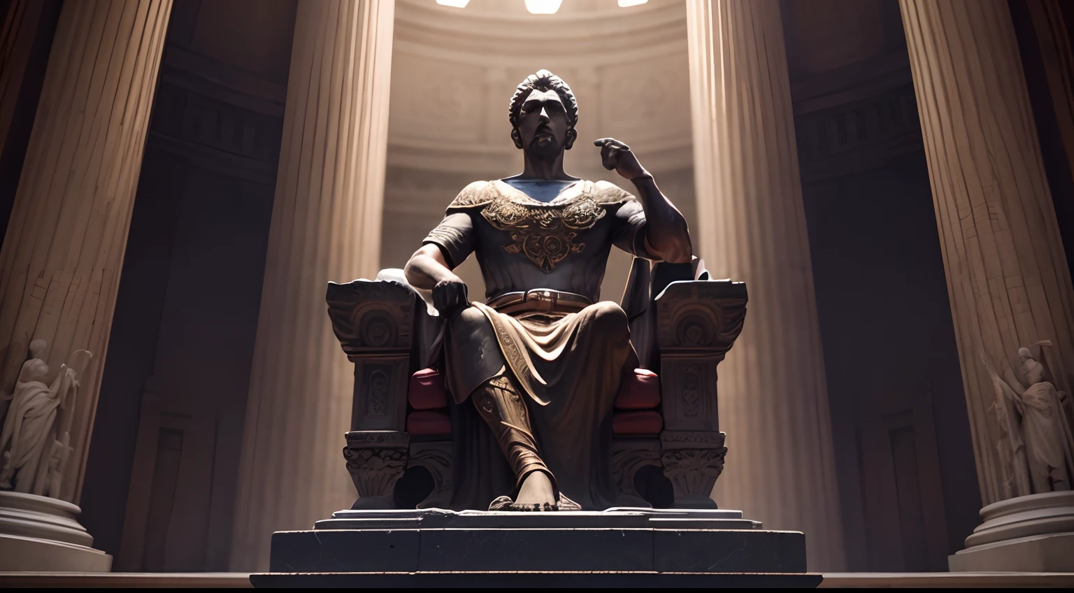 Strong Stoic statue, with an expression of anger, seated in the middle of coliseu, digital, na noite escura, fundo grego antigo do templo, 35 mm, lateralmente, Filmado em Sony A7S III com Sony FE 35mm f/1.8, 12.1 MP, --AR 3:2 --estilo cru