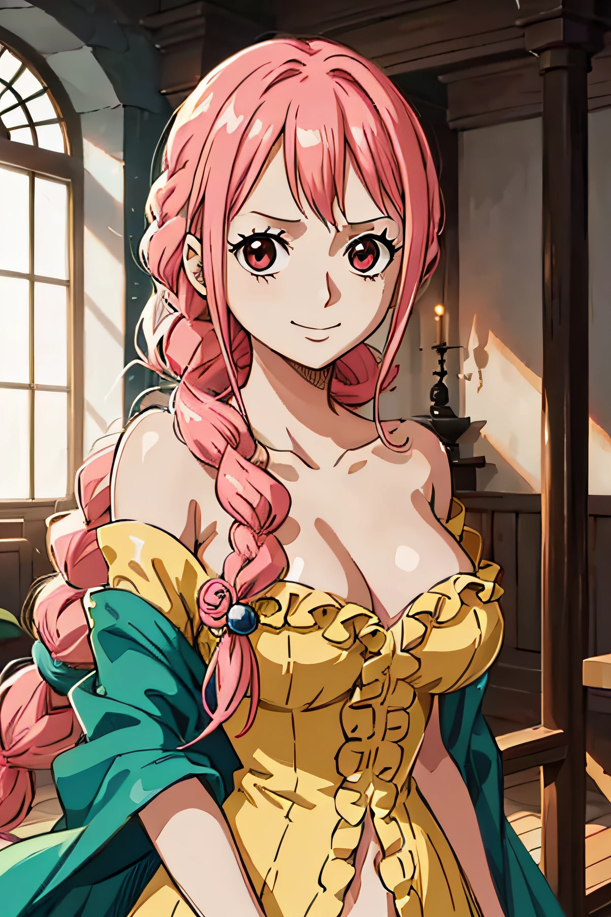 (masutepiece), Rebecca_Onepiece, one girls,  Little Breast, ((Long hair)), ((hair down)), noble clothes, ((Beautiful face)), (off shoulders: 1.2), Looking at Viewer, Smile, blush, Cute Pose, Indoor, Standing, Upper body