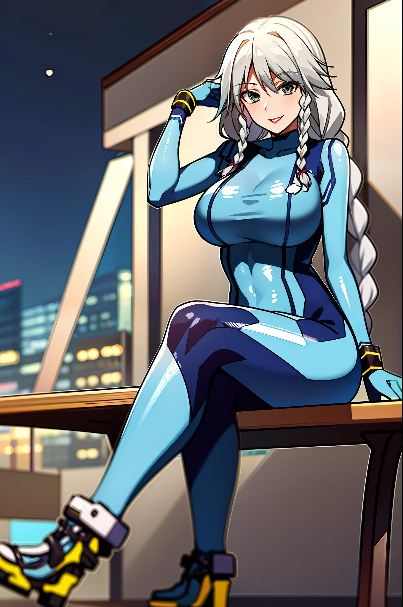 masterpiece, high quality, extremely detailed, 1girl, mature female, solo, Grayfia Lucifuge, large breasts, braid, long grey hair, grey eyes, twin braids, red lips, zero suit, blue gloves, high heels, light smile, sitting on the bench, arms behind head, cityscape, evening