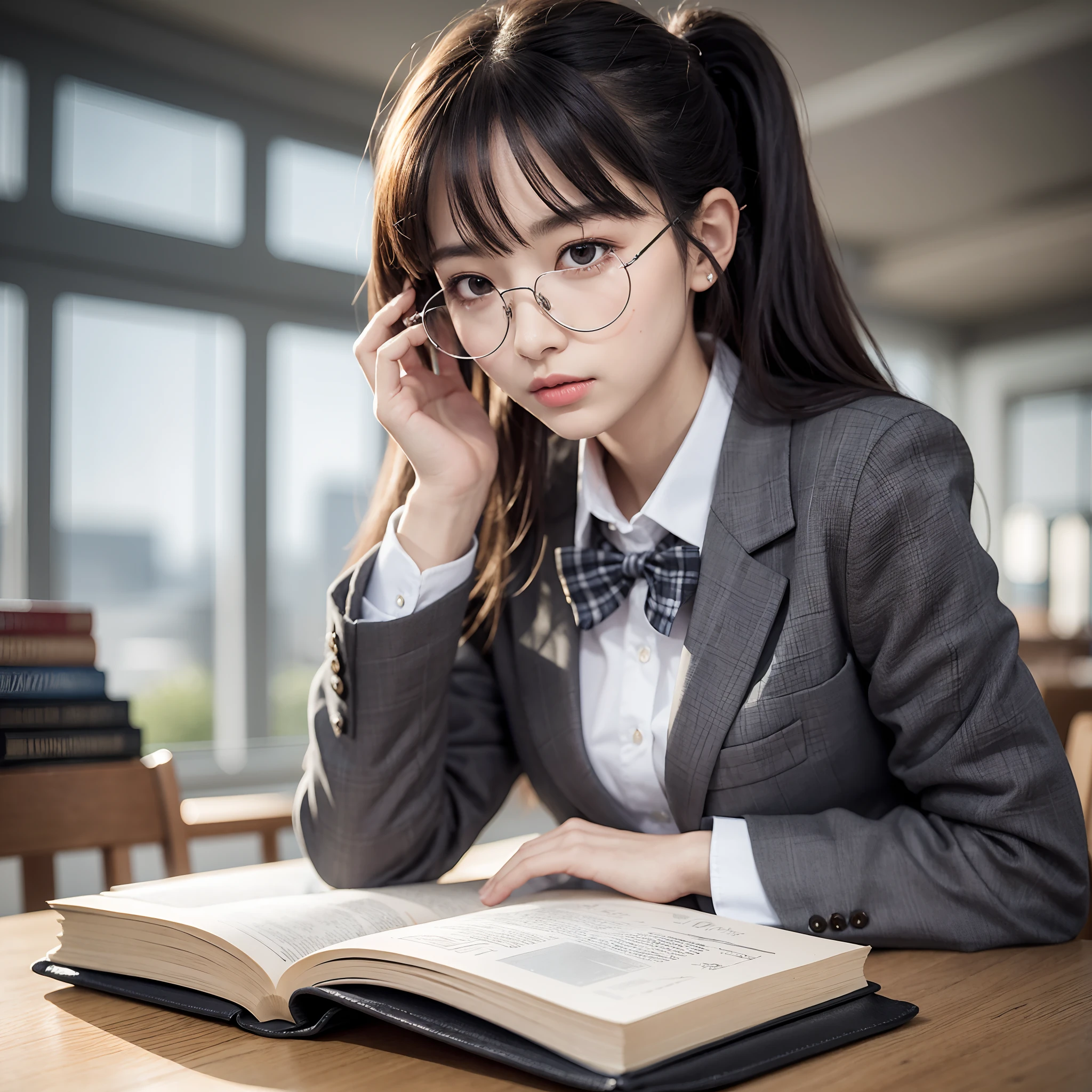 KR-PNY, Ridiculously long ponytail, Parted bangs, 1girll, School uniform, dark grey open jacket, dark grey blazer, Pleated skirt, plaid skirts, circle-glasses, Reading a book, Shy and quiet girl, looking at object, atlibrary, very detail hair, intricate detailes, masutepiece, Best Quality, Upper body, Realistic,nood，tmasterpiece