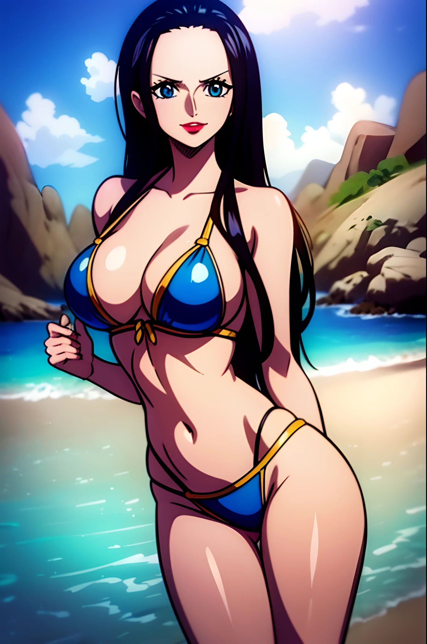 Nico Robin from One Piece wearing a bikini and standing on the beach, happy face, Shiny white skin, sexy position, blue eyes, high quality eyes, Puffy red lips, High quality lips, big ass, big tits, Best Quality.