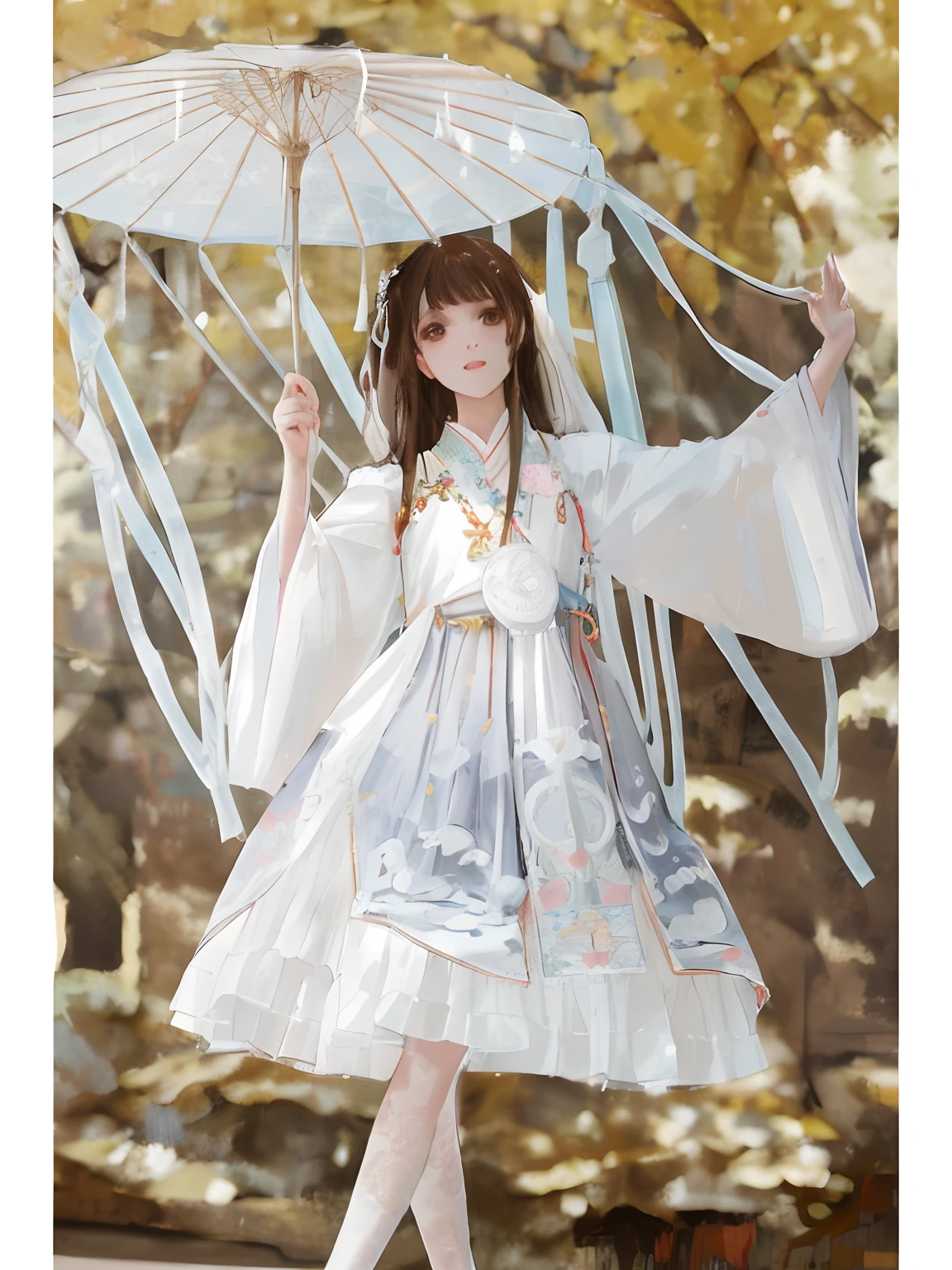 araffe girl in a white dress holding an umbrella, brown hair, long hair, white hanfu, hanfu, flowing magical robe, palace , a girl in hanfu, rococo dress, cotton cloud mage robes, rococo ruffles dress, japanese clothes, ancient white dress, fantasy style clothing, traditional chinese clothing, pale and coloured kimono, ornate flowing robe, intricate fantasy dress