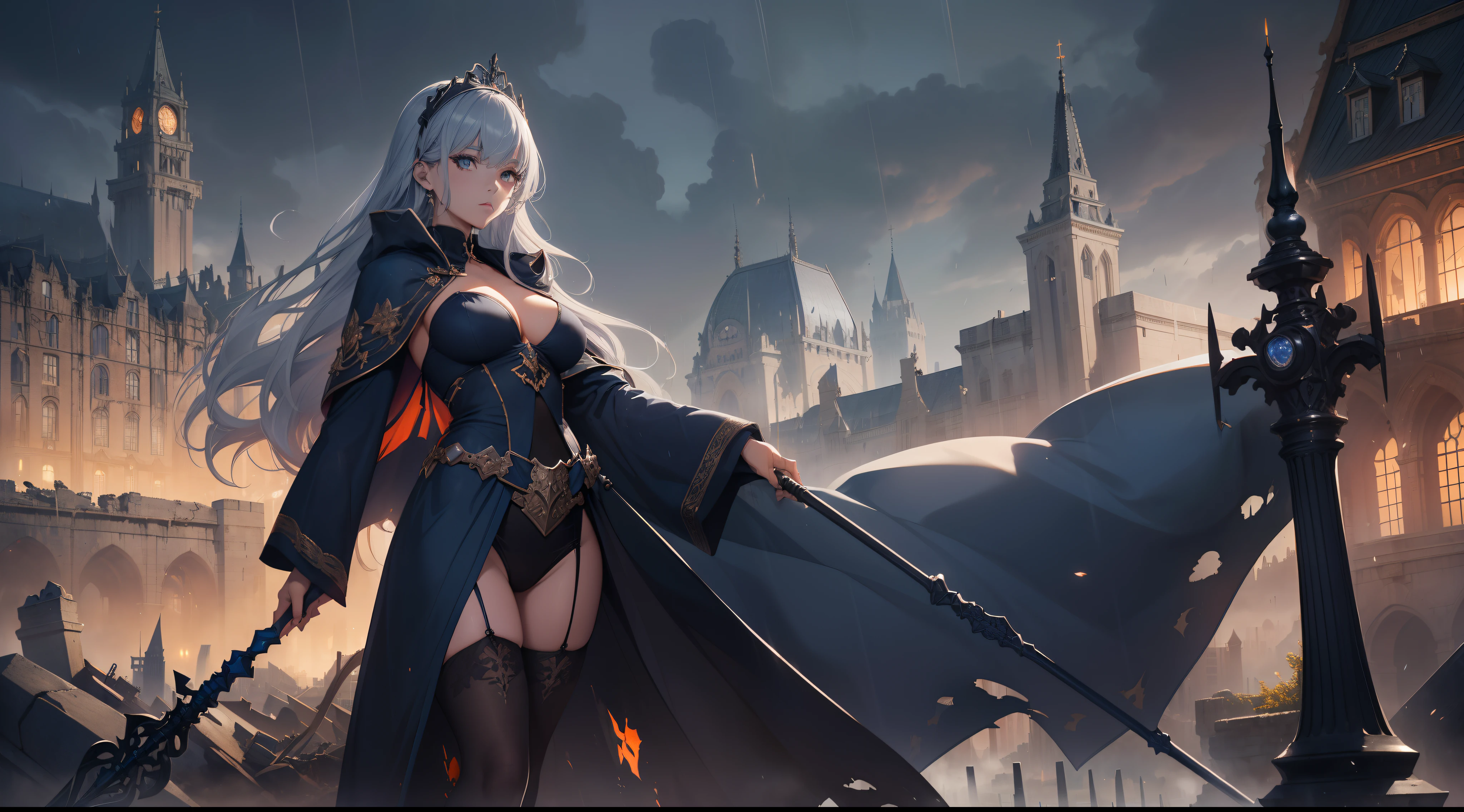 masterpiece, ultra detailed, 8k portrait, RAW photo, highly detailed, Ambient lighting, Shadow details, medieval fantasy, world of swords and magic, strong breeze, Light fog, Destroyed Stone buildings, well-ordered cobblestone walkways, central plaza, Destroyed temples, Destroyed stalls, Destroyed flower beds, and the royal castle at the end of the main street, (((((Destroyed cityscape))))), (((guillotine inthe central plaza))), ((Visibility is poor due to drizzling rain)), (((((public execution))))), beautiful and meticulous eyes, ((Fantasy)), Young beautiful, 22 years old, dynamic pose, (((expressionless))), (((blue gray colored hair))), ((one side braided with orange hair ribbon))), blunt bangs, White skin color, ((silver tiara)), Luxury, (((silver Silk Long Cloak))), (((Gorgeous Deep blue long robe))), (((dark thigh high tights))), high cut leather boots, ((lift up long magical staff)), Midday Sun, hyper realistic, Body model, Small breasts, Beautiful breasts, Long legs,