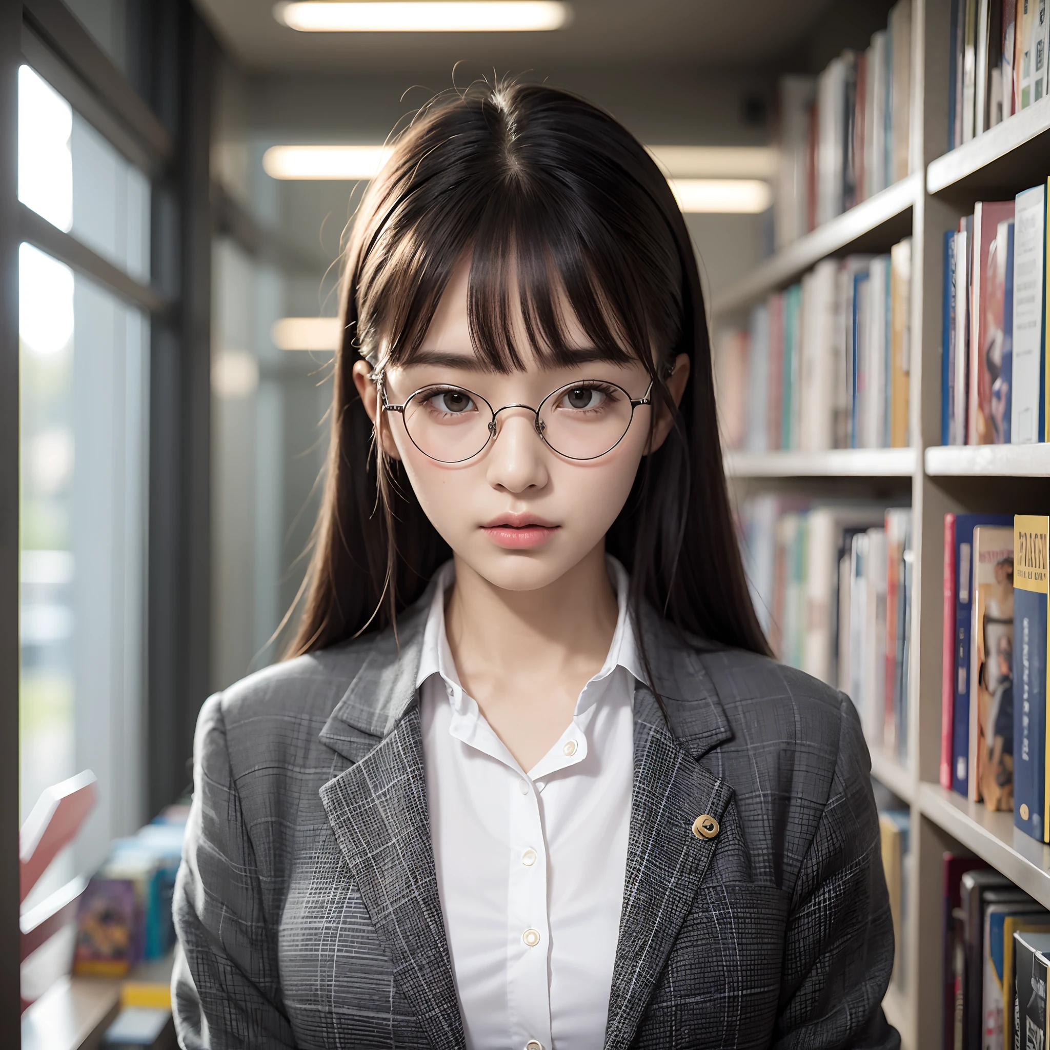 KR-PNY, Ridiculously long ponytail, Parted bangs, 1girll, School uniform, dark grey open jacket, dark grey blazer, Pleated skirt, plaid skirts, circle-glasses, Reading a book, Shy and quiet girl, looking at object, atlibrary, very detail hair, intricate detailes, masutepiece, Best Quality, Upper body, Realistic,nood,tmasterpiece