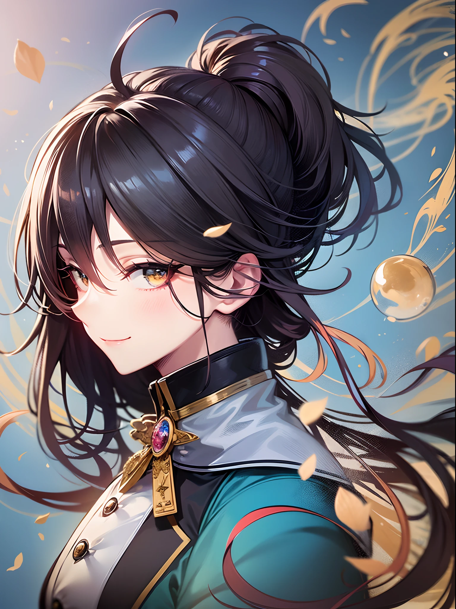 (masutepiece), (Best Quality), (ultra-detailliert),(disheveled hair),(Illustration), (1 Lady), Standing, Fashion Model, Looking at Viewer, (interview), (Detailed background),Beautiful detailed eyes, Delicate beautiful face, floating,(High color saturation),(Colorful splashes),colorful bubble,(Shining), Floating flowers, Floating hairs, (Shining), The best lighting, Best Shadow, 1 Evil only,(huge-breasted:1.5),Black hair,braid ponytail,Ahoge,kindly smile,