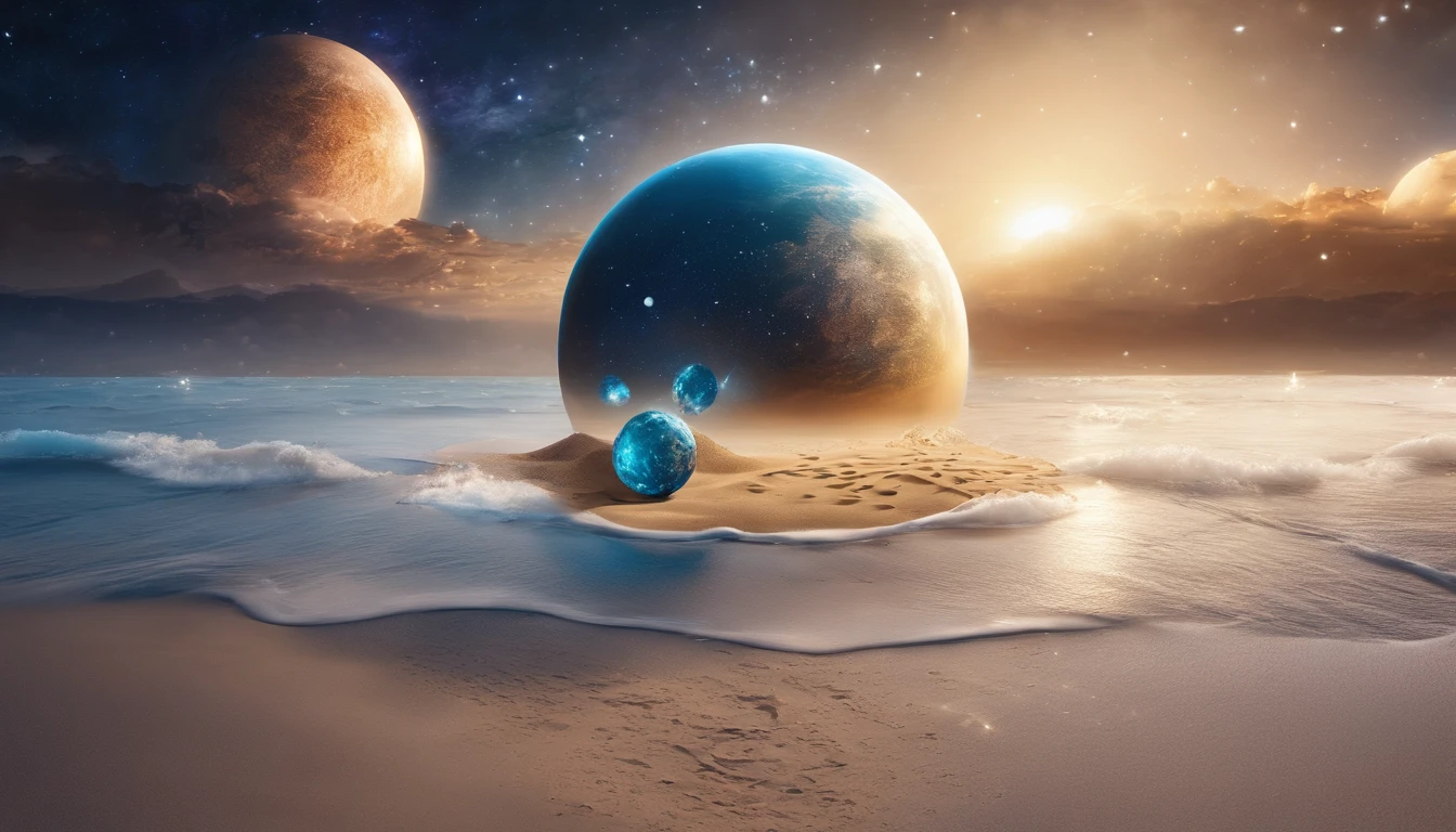 huge planet, the night, starrysky, surrealism, masutepiece, hight resolution、Impressive Milky Way、sand beach、Blue glowing sea
