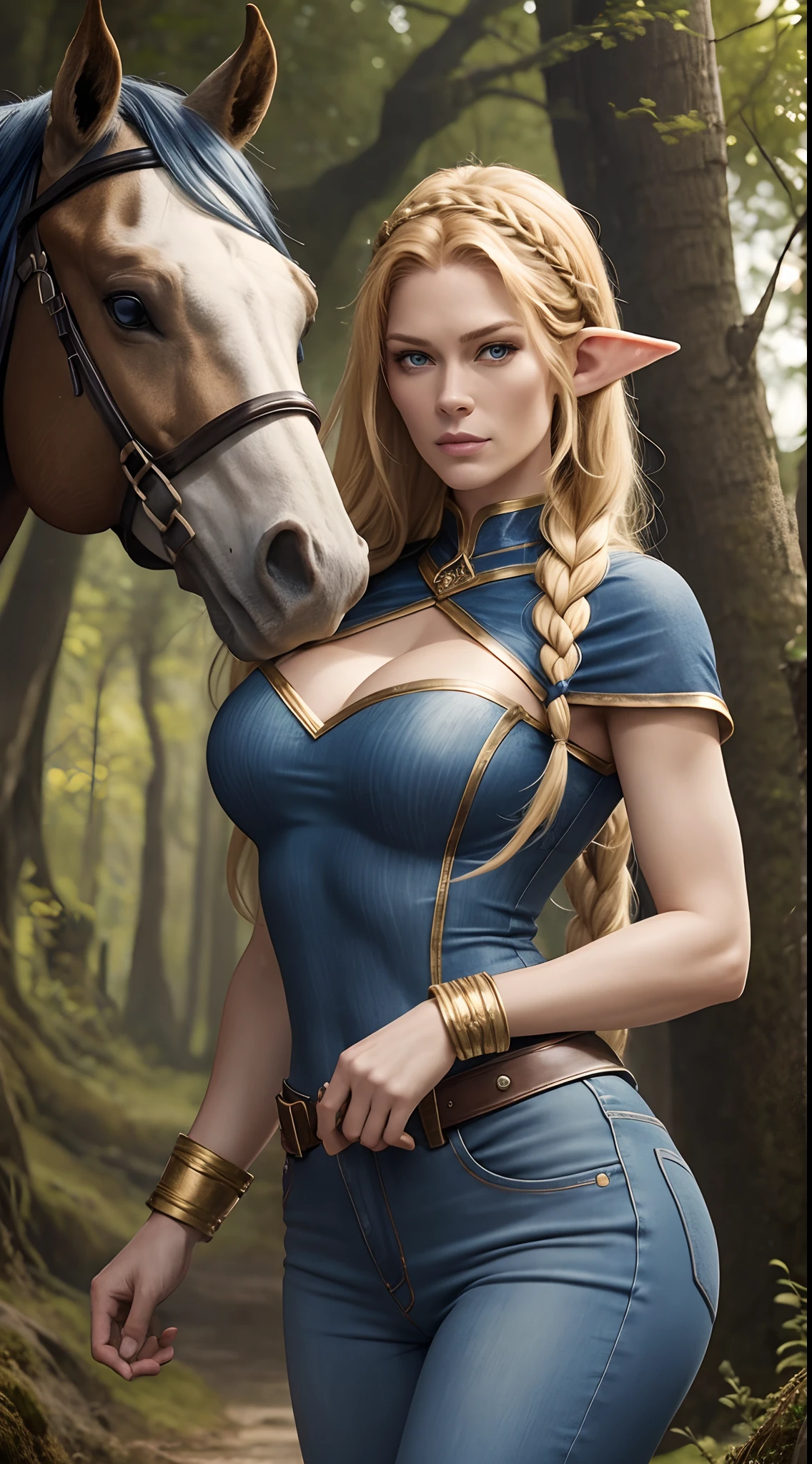 Alyssa Sutherland como uma loira MYTHOLOGICAL ELFA usando jeans ( tight jeans ), jaqueta blue jeans, detalhes dourados, longos braceletes, cinto vermelho, golden armlets, coxas torneadas, strong facial expression, look at the camera, olhos claros, long braided blonde hair, ORELHAS DE ELFO GRANDES, Large elf ears joined from the head, ELF EARS clearly visible, orelhas de ELFO expostas sob os cabelos, athletic curvy body, musculatura definida, Mulher Destemida, Body position of greatness, perspectiva de corpo inteiro, Vista lateral do corpo, castelo medieval, cavalo, Imagem 64K altamente detalhada