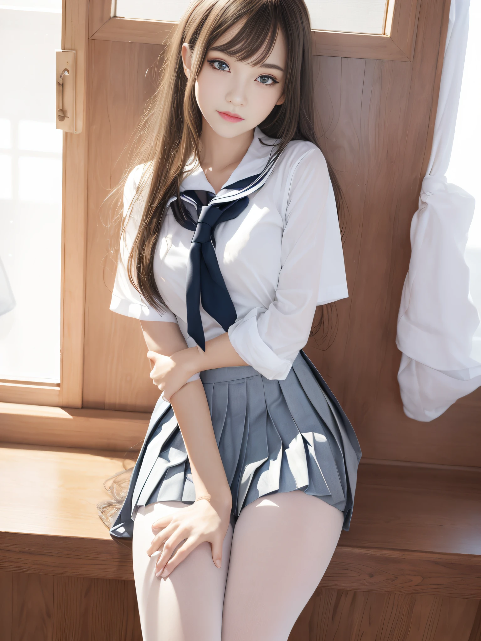 Ultra realistic 8K CG, Picture-perfect face, flawless, clean, masutepiece, Professional artwork, famousartwork, Perfect face, Beautiful face, Beautiful eyes, ((Perfect female body)), (Slender body), girl, Solo, (Immersive atmosphere, Chiaroscuro:1.5, Bright light:1.2, Luminous lighting), (blush:0.5), fascinated expression, Extremely detailed_Eyes, Small breasts, beautifullydetailedbackground, depth of fields, Realistic:1.3, longshot, 1girl in, Shirt, Pleated skirt, Japan school uniform, Sitting, Full body, (ambient lights:1.3), (Cinematic composition:1.3), (Neon light:0.1), (nffsw:0.1), Accent Lighting, White pantyhose,Neat and clean lady,
