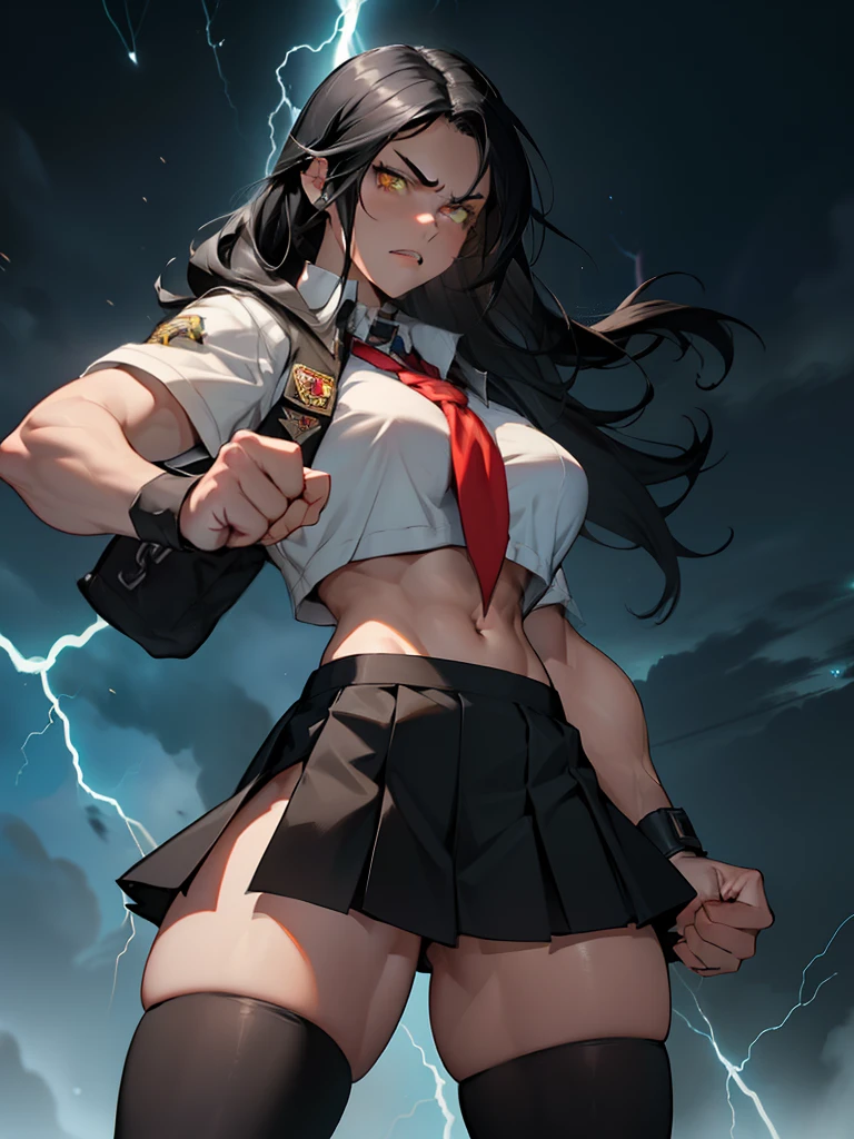 (1girl), black hair, extremely long hair, yellow eyes, (((muscular))), (huge breasts), (thick thighs), solo, angry, ((fist pointed at the viewer)), fight (pale skin), cowboy shot, (school uniform), electric sparks, lightning sparks, zettai ryouiki, muscle thighs, uncovered navel, abs