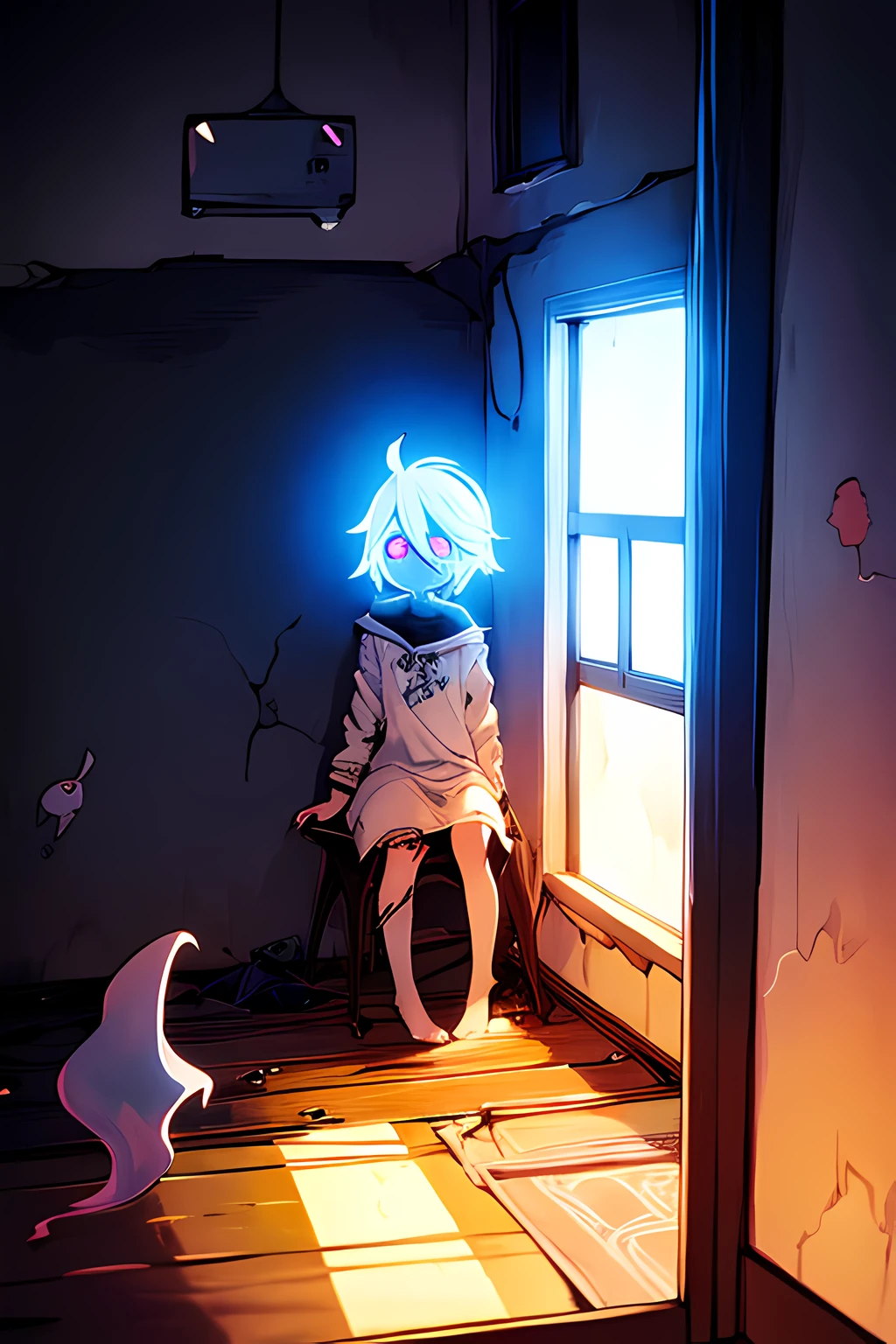 1ghost girl, white hair, glowing gold eyes, ripped clothes, abandoned house, smug, cute, stitches, tired, pure white skin, nighttime