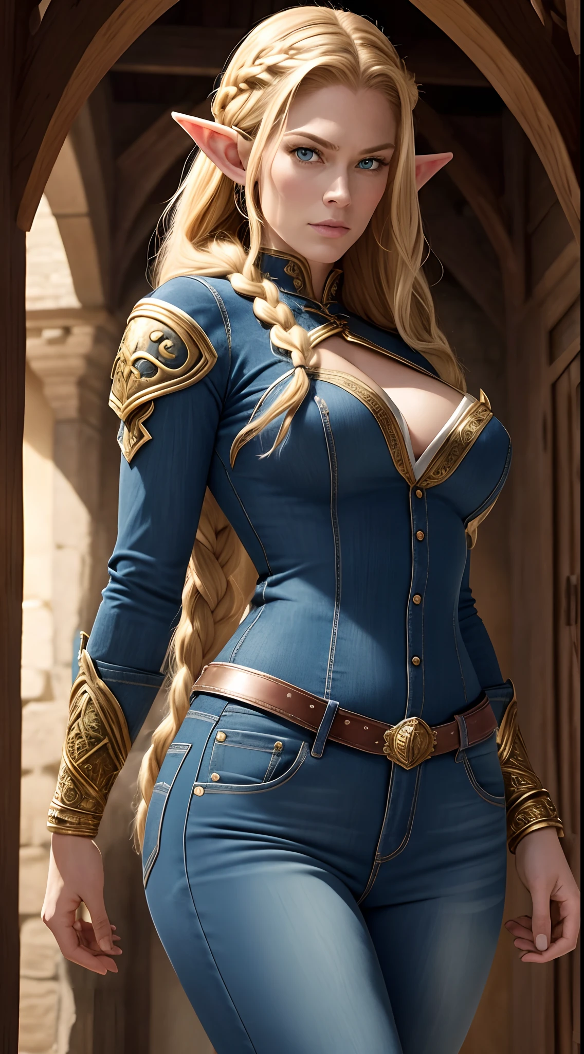 Alyssa Sutherland como uma loira MYTHOLOGICAL ELFA usando jeans ( tight jeans ), jaqueta blue jeans, detalhes dourados, longos braceletes, cinto vermelho, golden armlets, coxas torneadas, strong facial expression, look at the camera, olhos claros, long braided blonde hair, ORELHAS DE ELFO GRANDES, Large elf ears joined from the head, ELF EARS clearly visible, orelhas de ELFO expostas sob os cabelos, athletic curvy body, musculatura definida, Mulher Destemida, Body position of greatness, perspectiva de corpo inteiro, Vista lateral do corpo, castelo medieval, cavalo, Imagem 64K altamente detalhada