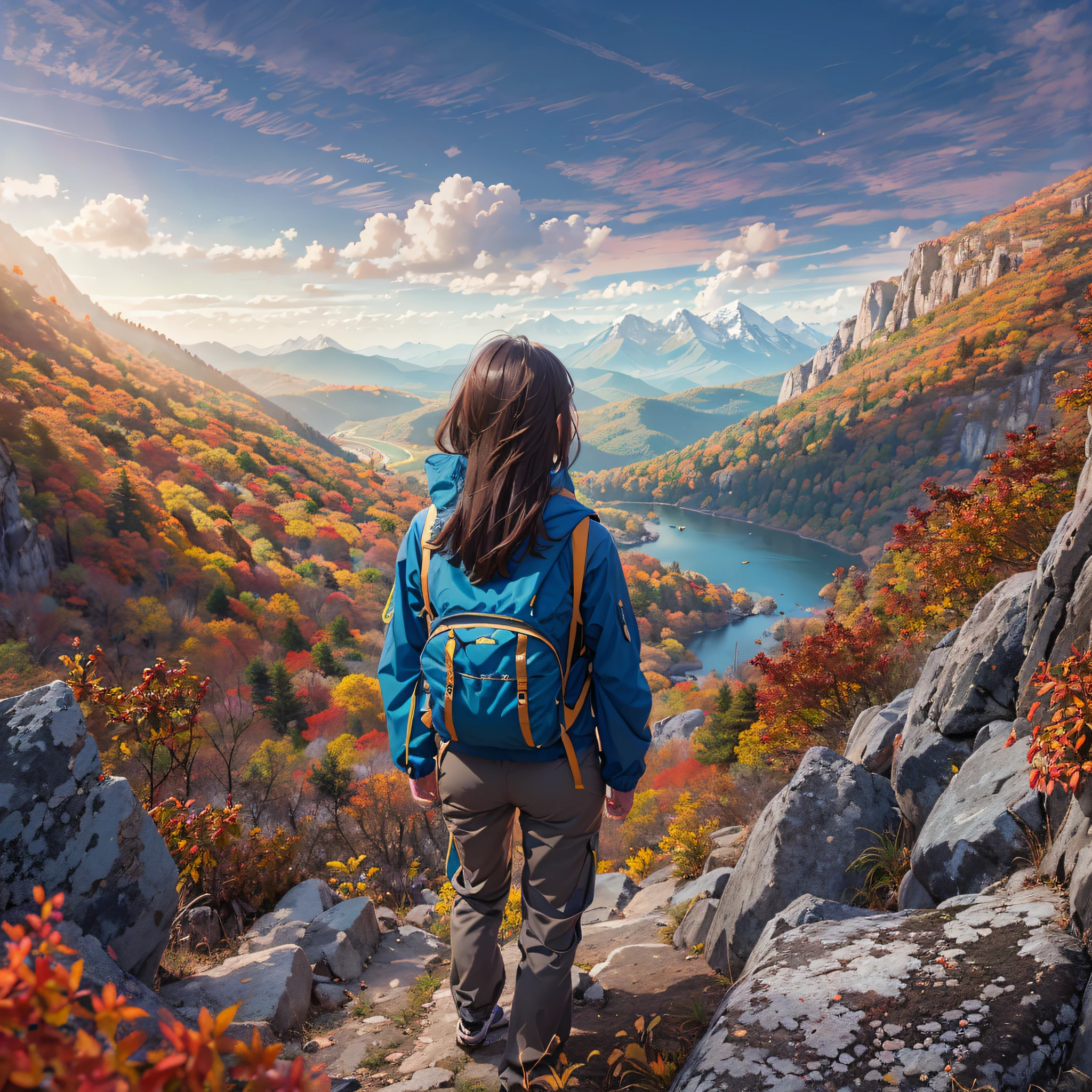 (Nature-scape photography), (best quality), masterpiece:1.2, ultra high res, photorealistic:1.4, RAW photo, (Magnificent mountain, sea of clouds), (On a very high mountain peak), (Blue sky in autumn, Red-colored forest), (wide angle shot),
(1girl), (Photo from the knee up:1.3), (looking at the audience), (18 years old), (smile:1.2), (shiny skin), (real skin), (semi-long hair, dark brown hair)
(windbreaker), (Trekking-pants), (Carrying a large backpack),
(ultra detailed face), (ultra Beautiful fece), (ultra detailed eyes), (ultra detailed nose), (ultra detailed mouth), (ultra detailed arms), (ultra detailed body), pan focus