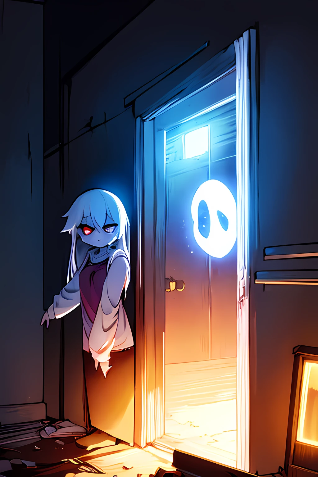 1ghost girl, white hair, glowing gold eyes, ripped clothes, abandoned house, smug, cute, stitches, tired, pure white skin, nighttime