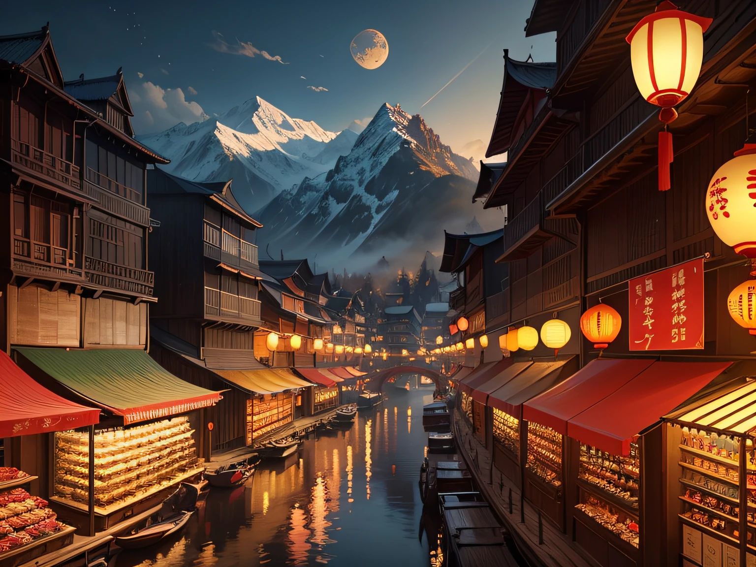 （Red Tang Mid-Autumn Festival），A map of thousands of miles of rivers and mountains， bazaars，cgsociety contest winner, DreamlikeArt, intricate ornate anime cgi style, extremly high detail,