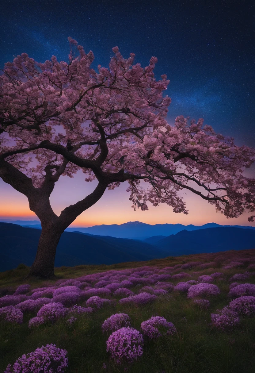 serene and welcoming night scenery. Utilize uma paleta de cores suaves, incluindo tons de azul escuro e roxo, para transmitir a calma da noite. Add a horizon with distant mountains under a starry sky, representando a paz e a tranquilidade da natureza durante a noite. Integrate flower elements
 of cherry tree or leaves to symbolize renewal and growth. Use sleek and simple typography for the title, Balancing readability with aesthetics. Create a composition that invites users to immerse themselves in a relaxing and introspective journey